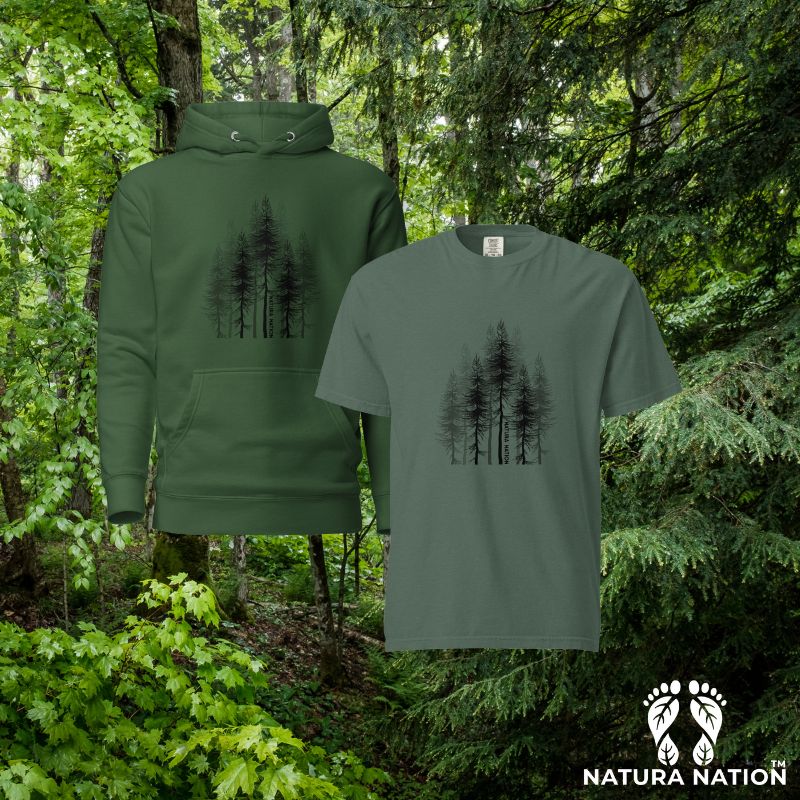 Trees Clothing, Forest Bathing Clothing & Apparel Displayed on a Forest Background by Natura Nation.