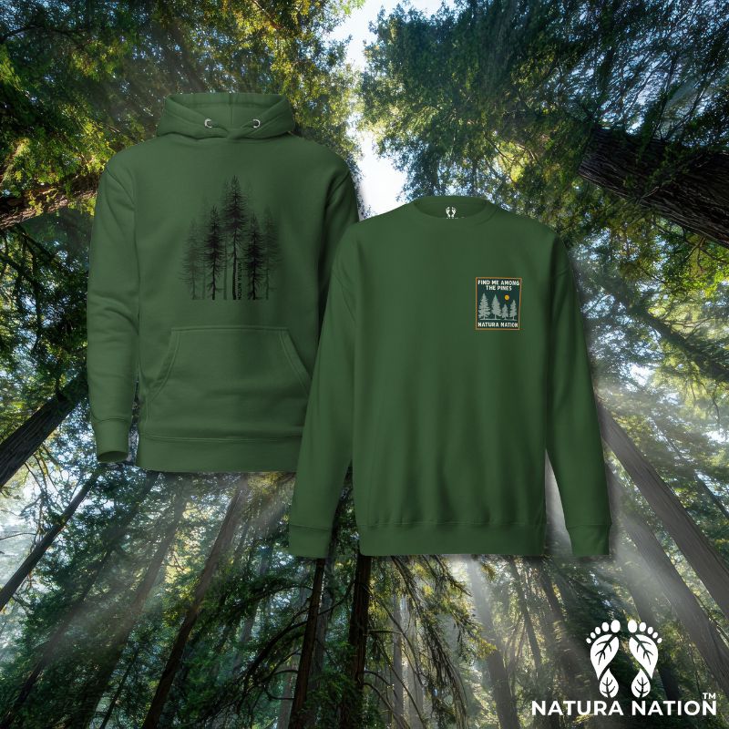 Photo of a Forest Green Hoodie, Forest Green Pullover and Forest Green Sweatshirt Against a Forest Background by Natura Nation.