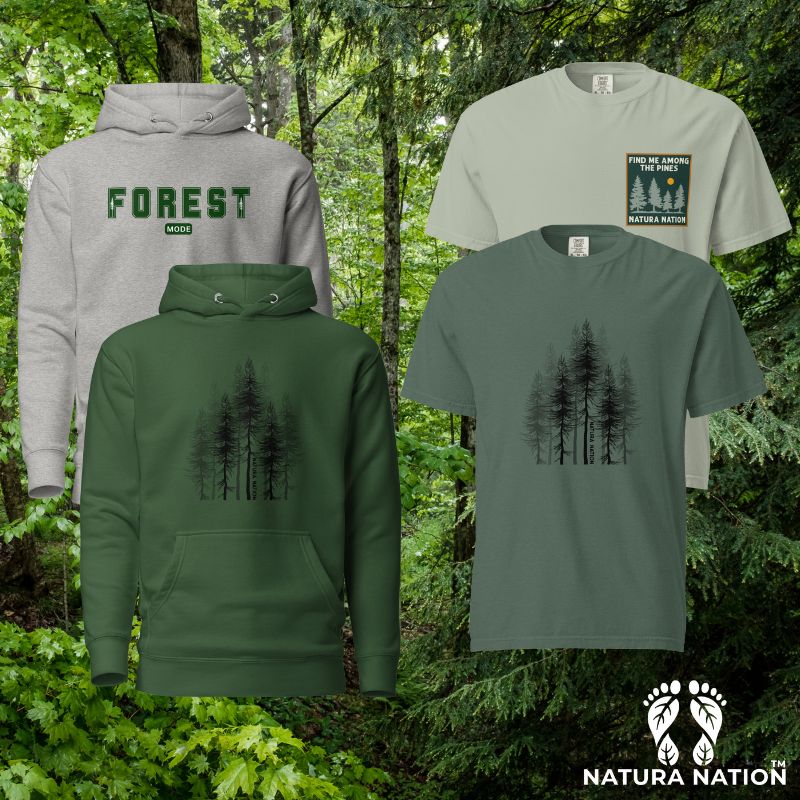 A Photo of Trees Clothing, Tree Hoodies, Tree Shirts on a Forest Background by Natura Nation.