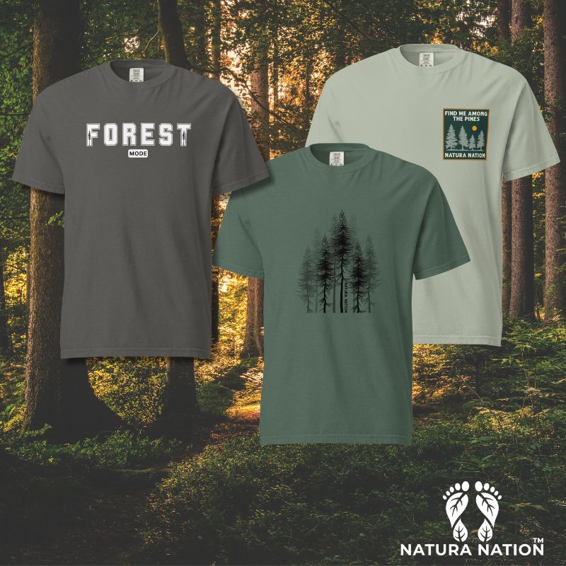 Tree T-Shirts and Tree Shirts displayed on a Forest background by Natura Nation.