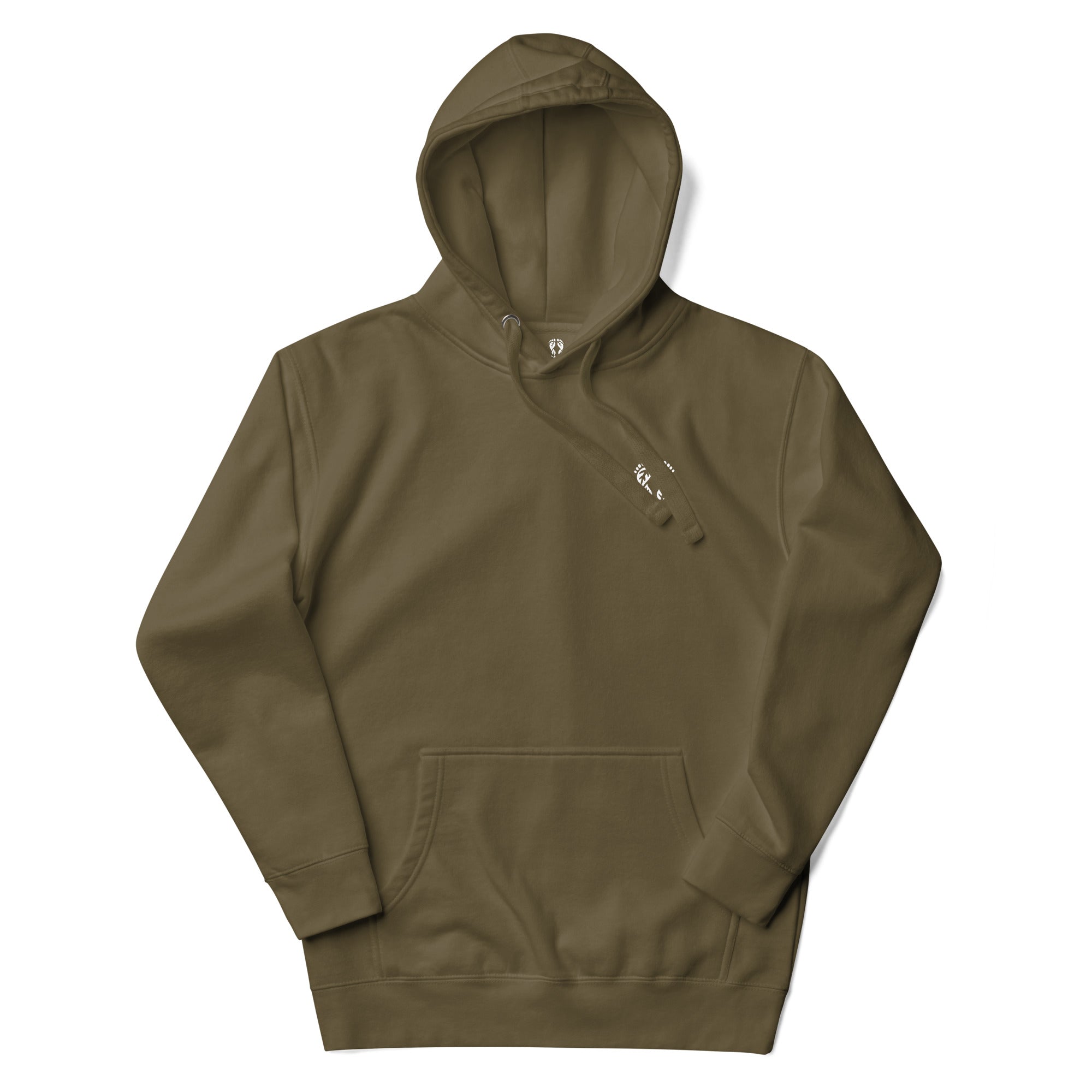 'Natura's Footprints' Military Green Nature Hoodie: Your strong nature clothing choice for resilient adventures.