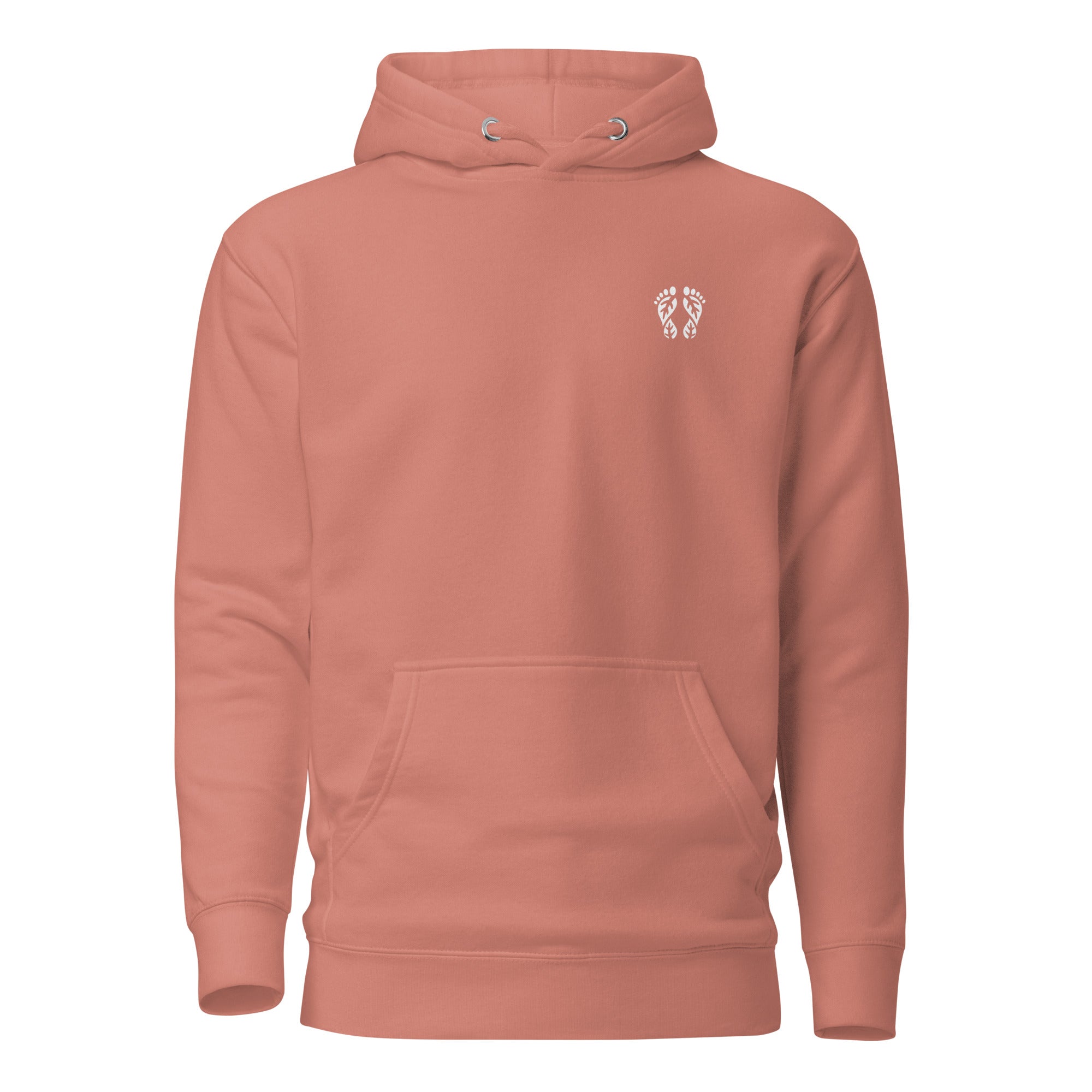 Dusty Rose Nature Hoodie with 'Natura's Footprints' design. A soft piece of Nature Clothing for subtle charm.