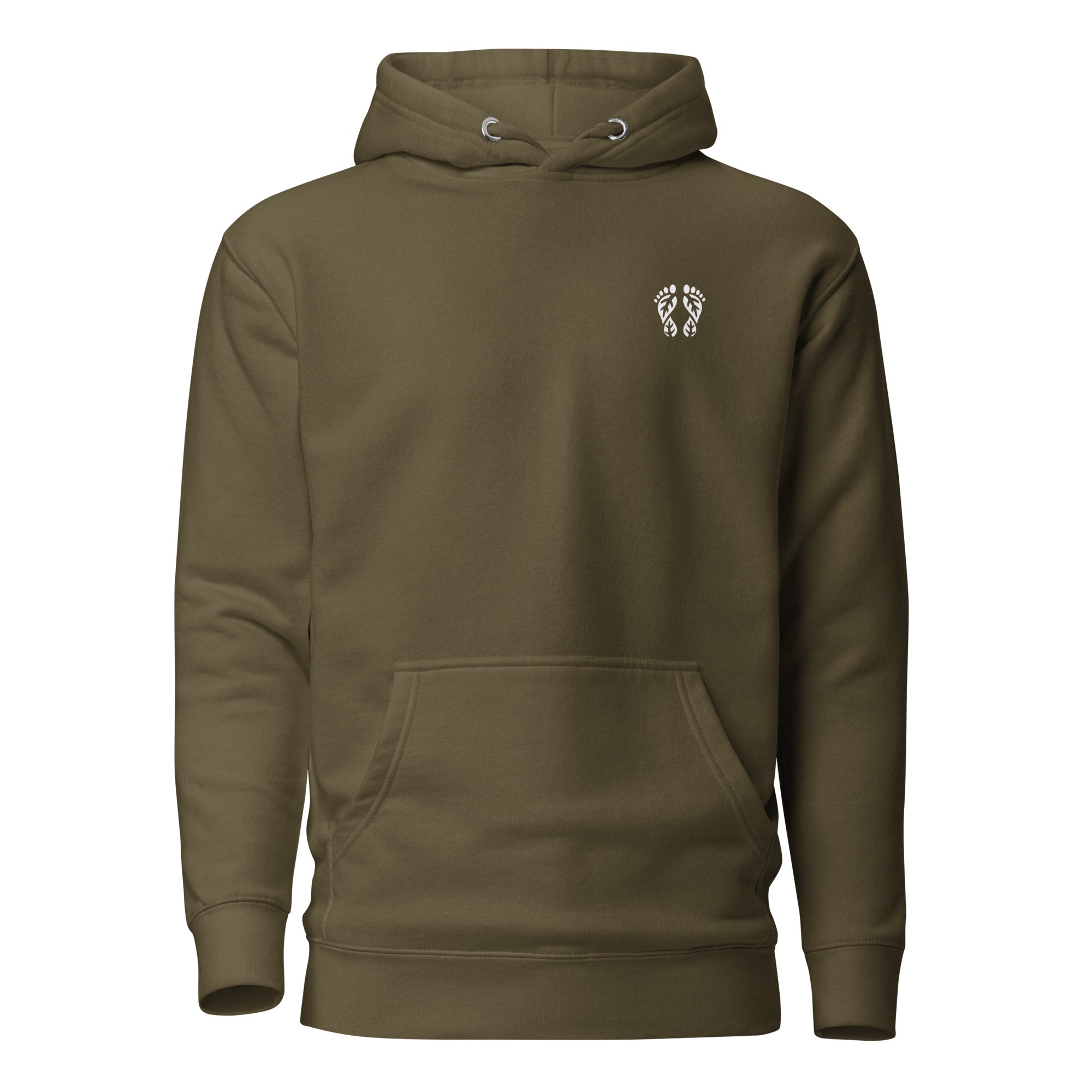 Military Green Nature Hoodie with 'Natura's Footprints' design. A rugged piece of Nature Clothing for durable wear.