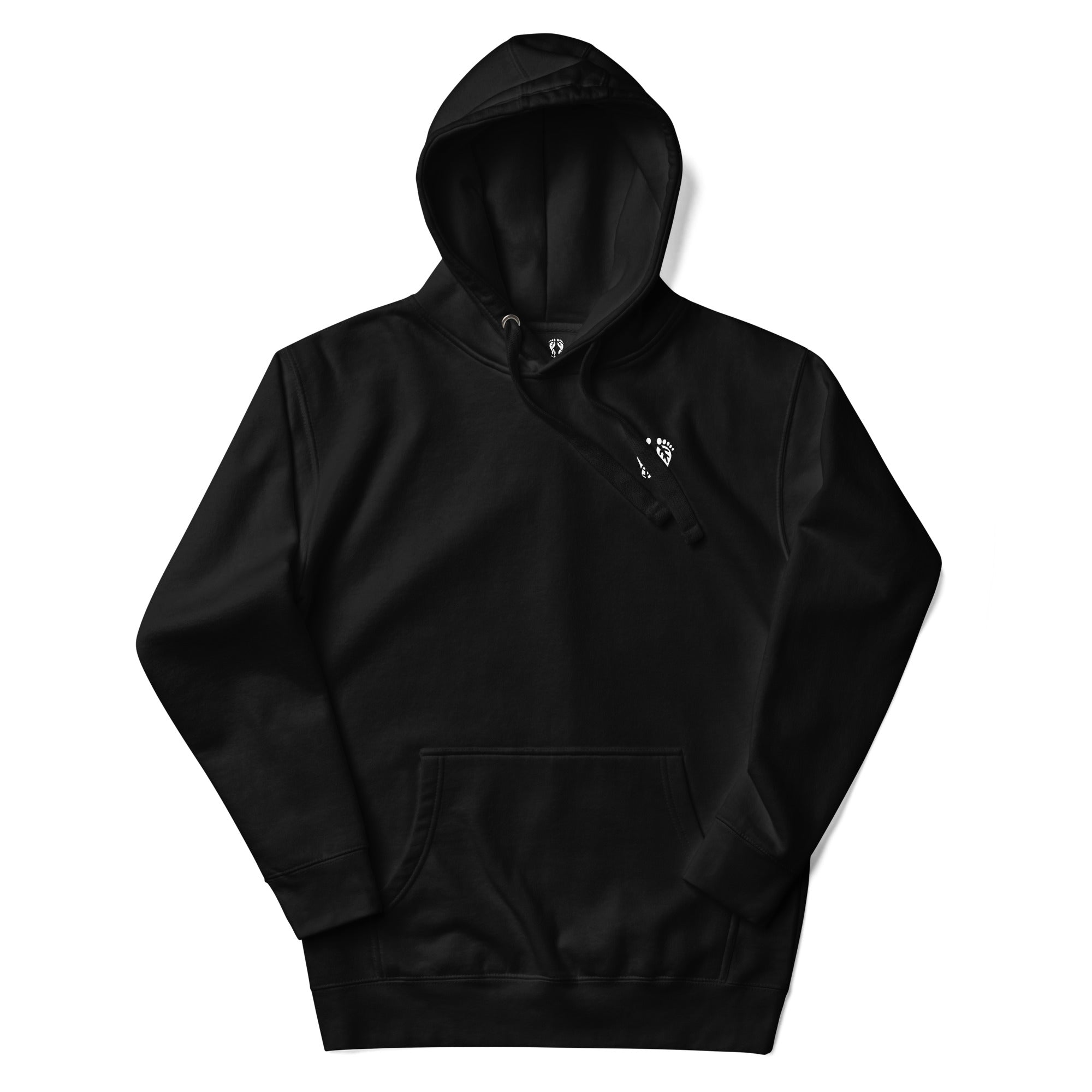 'Natura's Footprints' Black Nature Hoodie: Your sleek Nature Clothing choice for timeless outdoor appeal.
