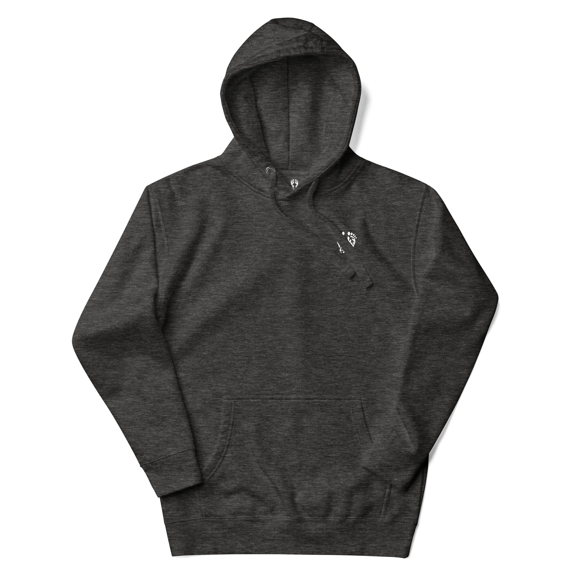 'Natura's Footprints' Charcoal Heather Nature Hoodie: Your soft nature clothing choice for tranquil outdoor moments.