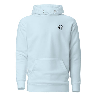 Sky blue color Nature Hoodie featuring the 'Natura's Footprints' design. A classic piece of Nature Clothing for outdoor comfort.