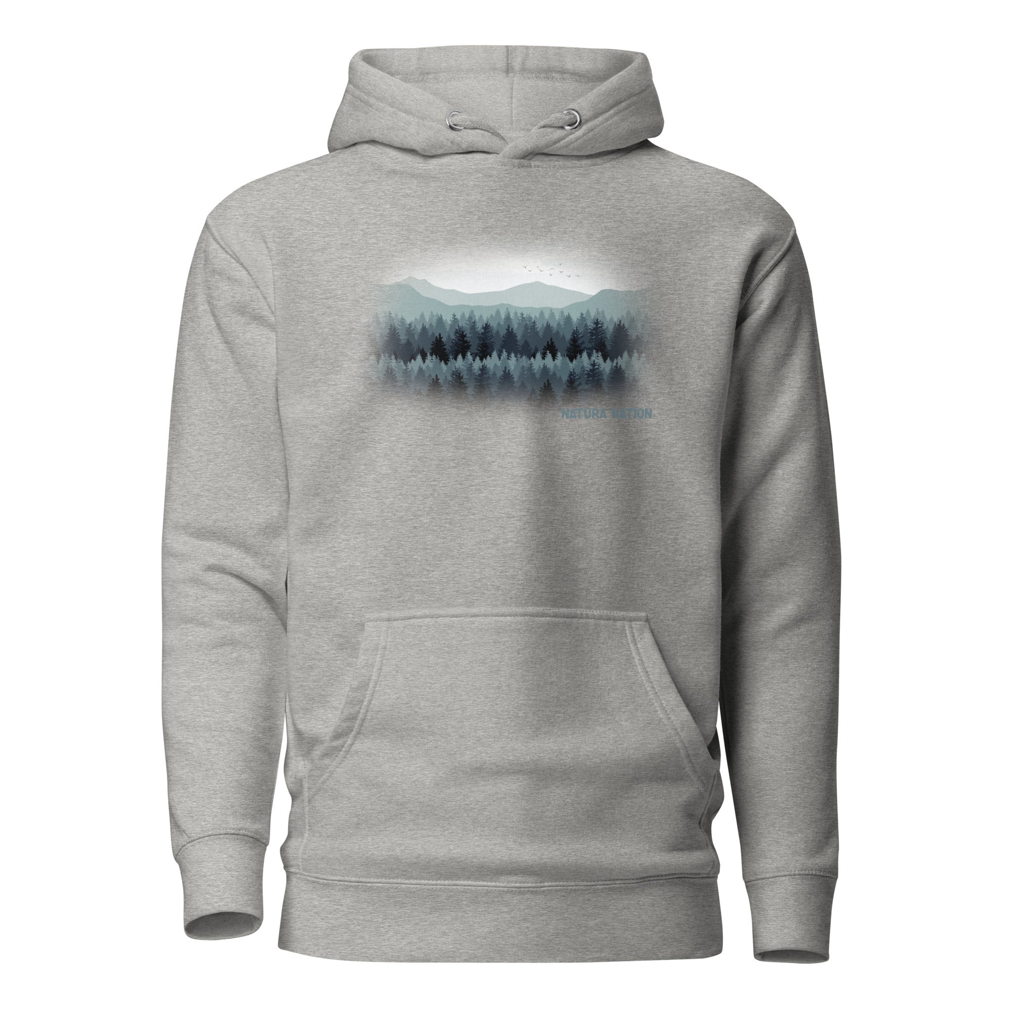 Carbon Grey Tree hoodie featuring the 'Pines and Peaks Harmony' design, a versatile piece of Trees Clothing.