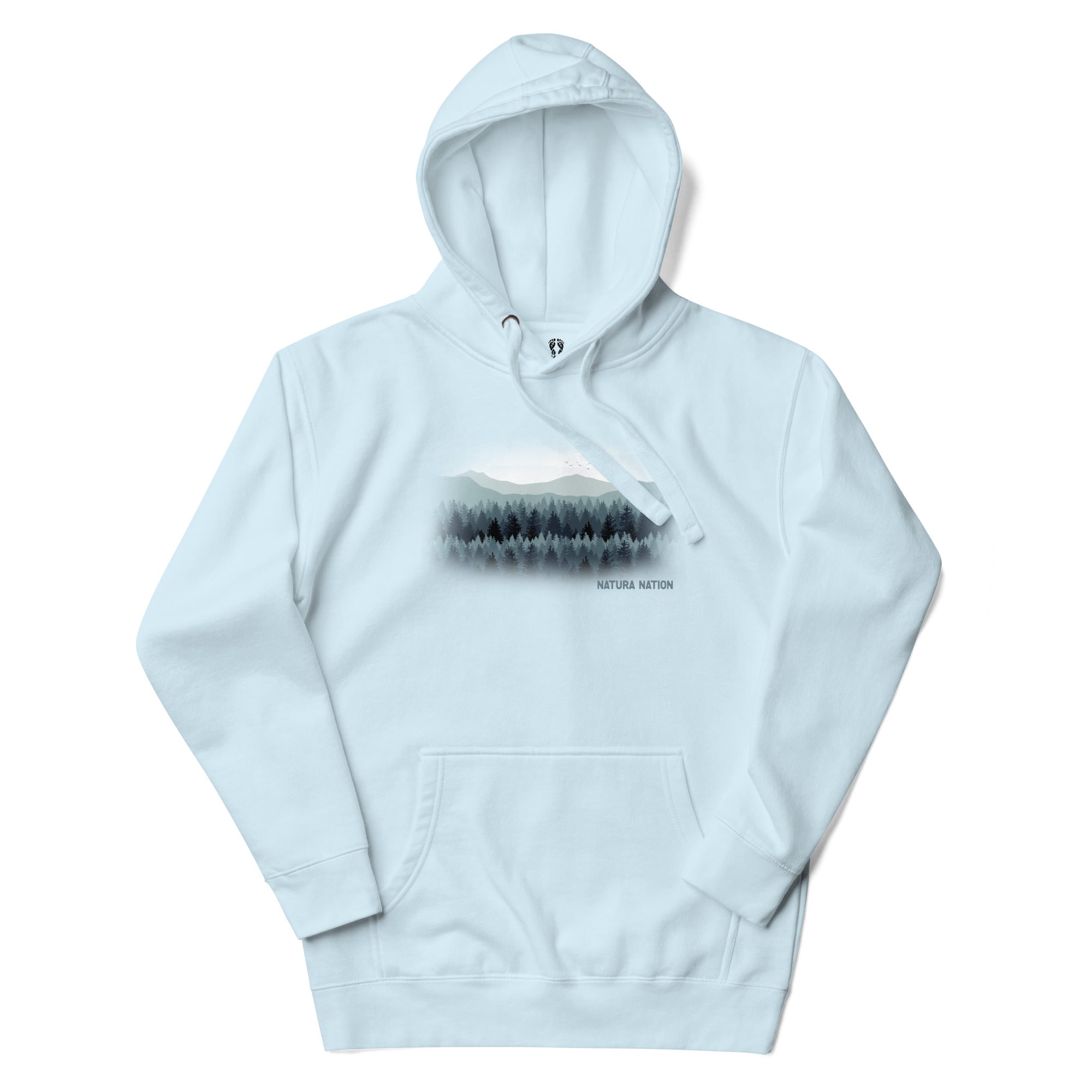 'Pines and Peaks Harmony' Sky Blue Tree pullover hoodie, perfect Nature Clothing for clear-sky adventures.