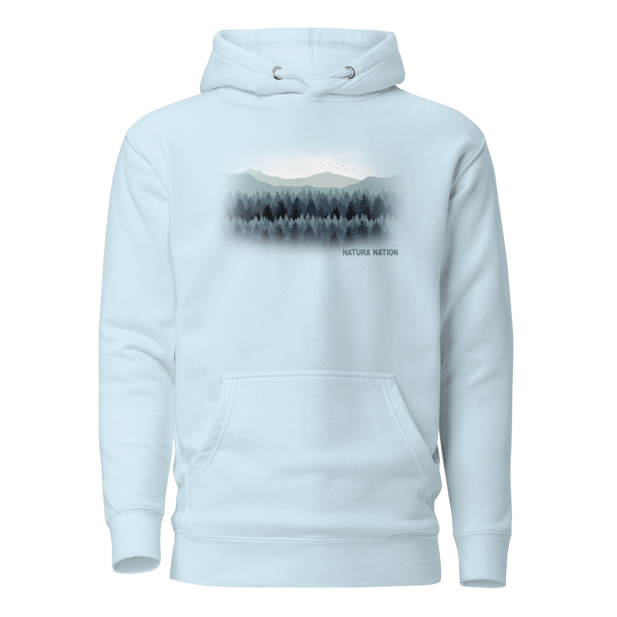 Sky Blue Tree hoodie with 'Pines and Peaks Harmony' graphic, a vibrant piece of Trees Clothing.