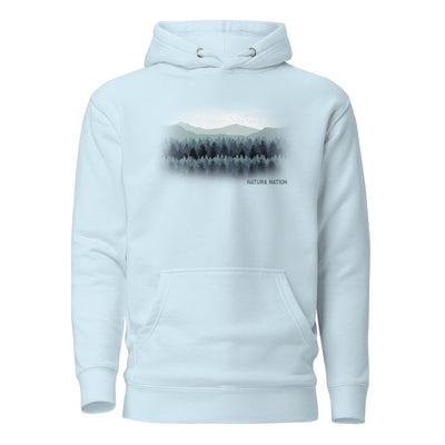 Sky Blue Tree hoodie with 'Pines and Peaks Harmony' graphic, a vibrant piece of Trees Clothing.