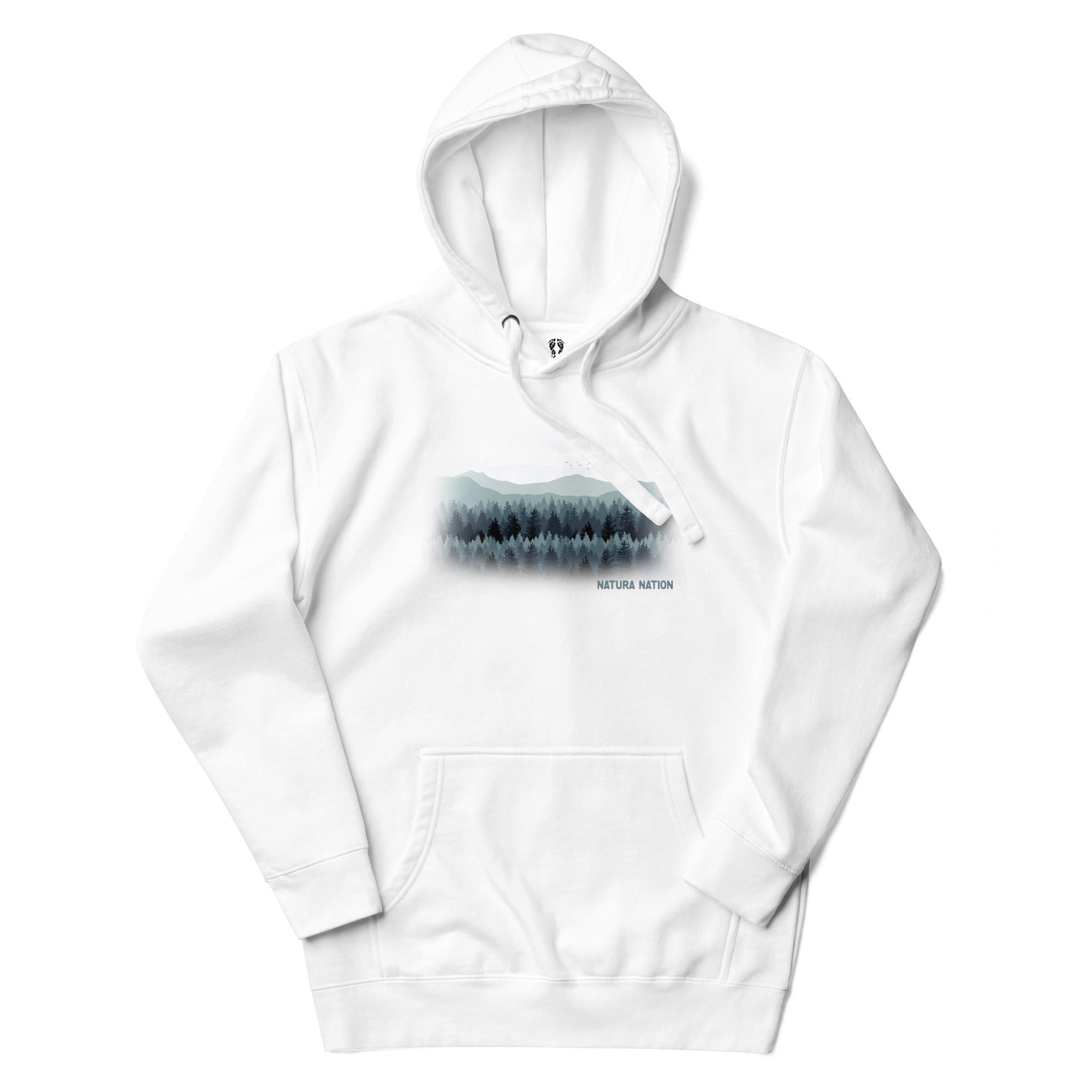 'Pines and Peaks Harmony' White Tree pullover hoodie, ideal Nature Clothing for tranquil moments.