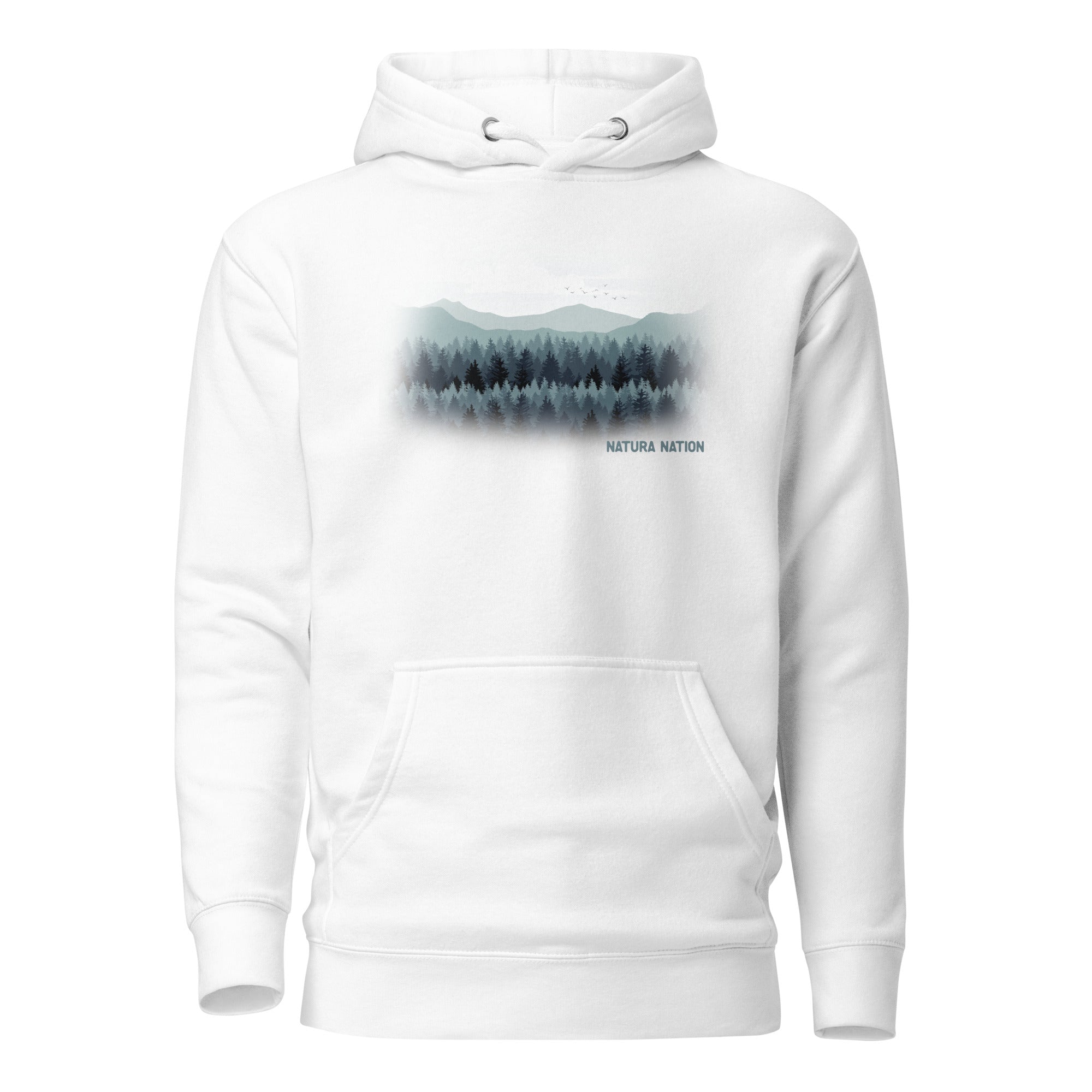 White Tree hoodie with 'Pines and Peaks Harmony' design, a pristine piece of Trees Clothing.