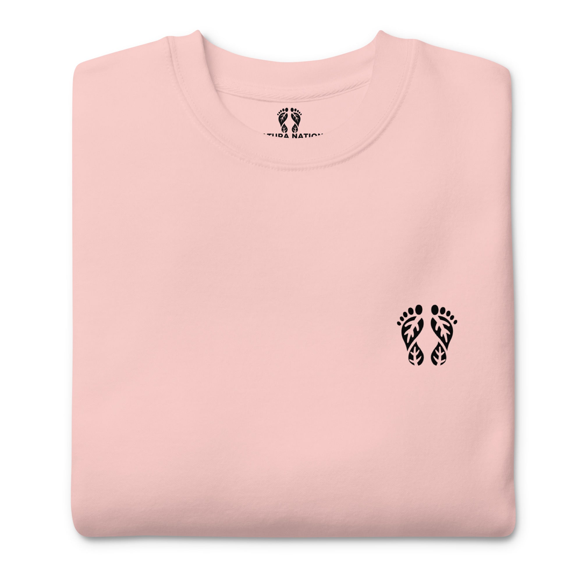 Bright Light Pink Nature Sweatshirt, showcasing 'Natura's Footprints'. Perfect Nature Clothing for sunny outings.
