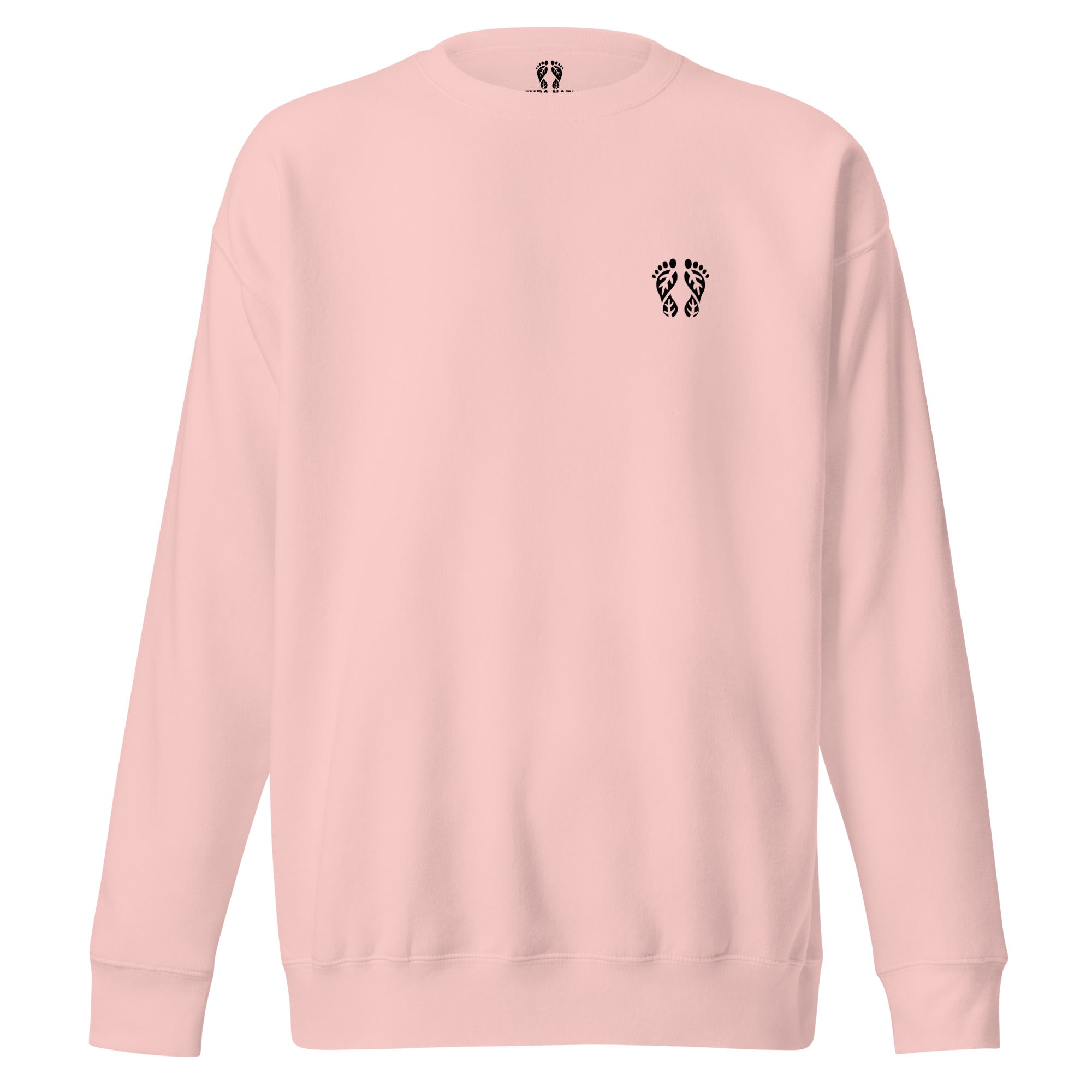 Light Pink Nature Sweatshirt featuring the 'Natura's Footprints' design. A pristine piece of Nature Clothing for clear, refreshing days.
