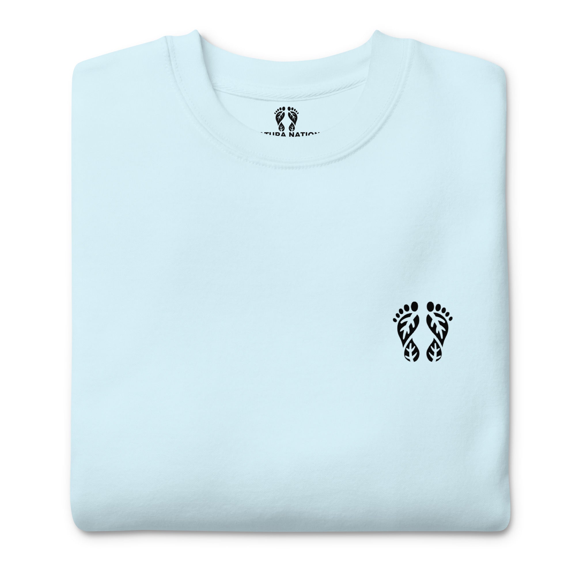 Bright sky blue nature sweatshirt, showcasing 'Natura's Footprints.' Perfect nature clothing for sunny outings.