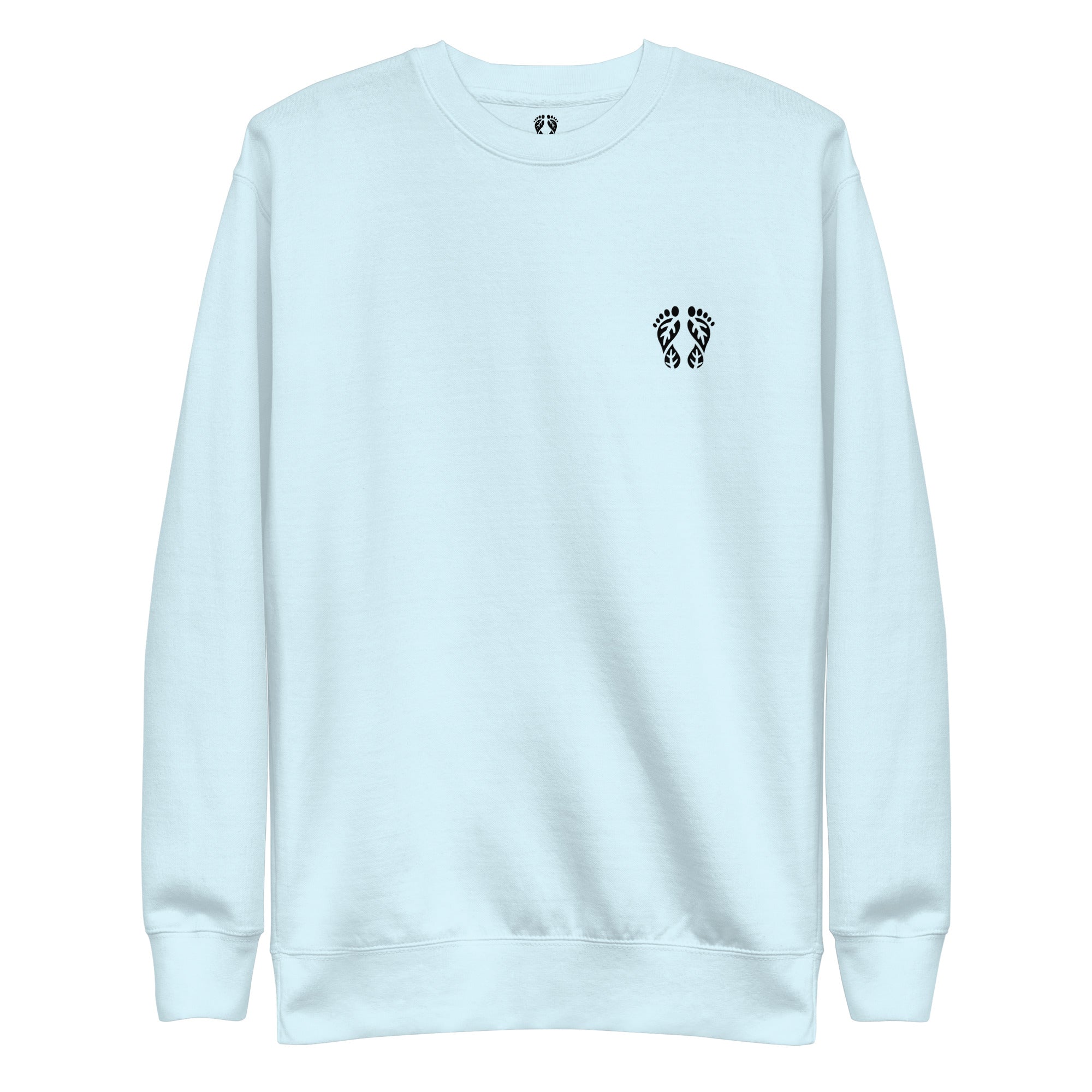 'Natura's Footprints' Sky Blue Nature Sweatshirt: Your clean nature clothing choice for bright outdoor moments.