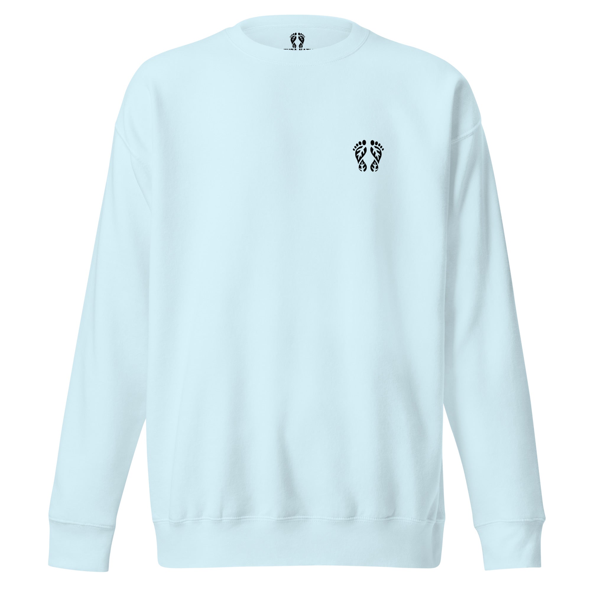 Sky Blue Nature Sweatshirt featuring the 'Natura's Footprints' design. A pristine piece of Nature Clothing for clear, refreshing days.