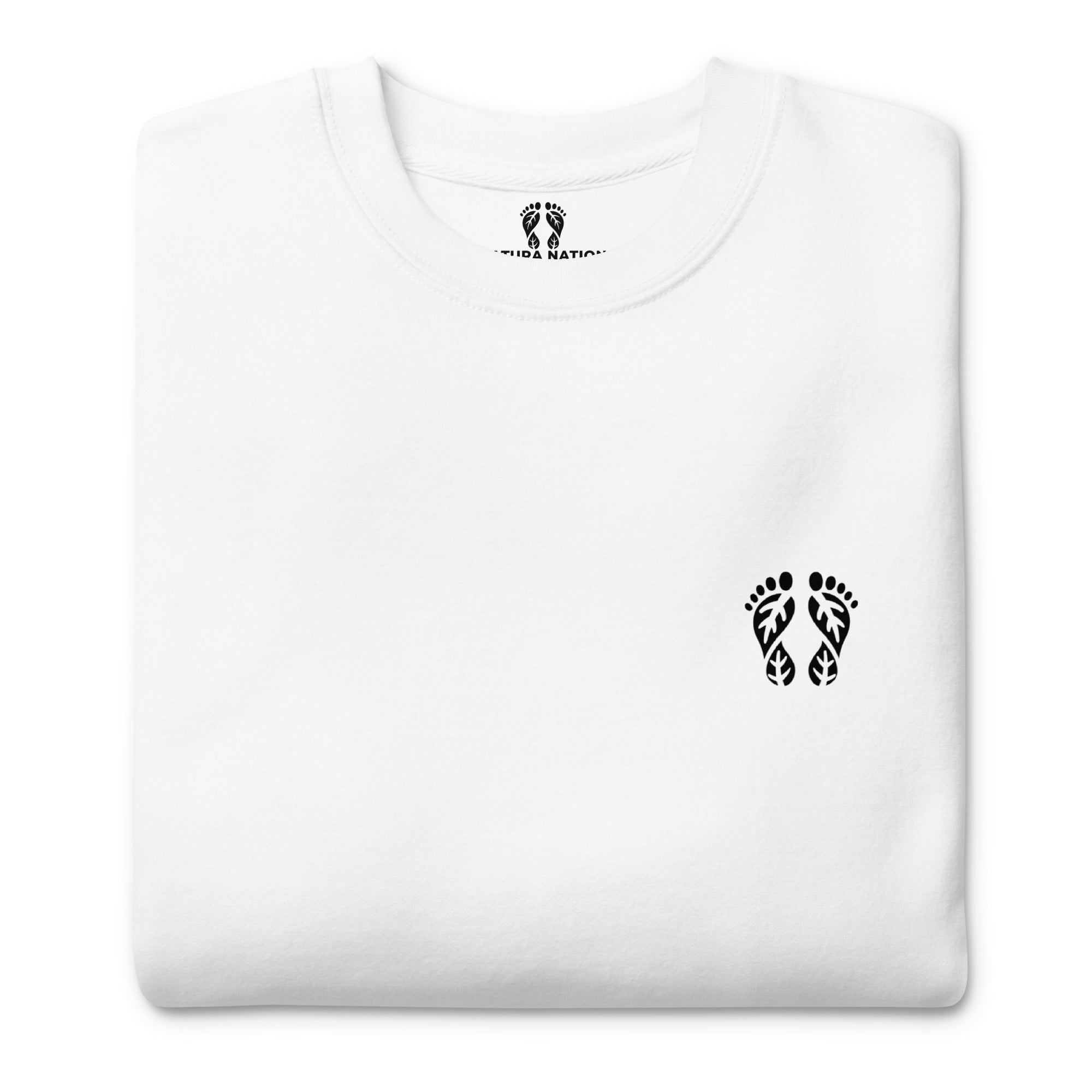 Bright White Nature Sweatshirt, showcasing 'Natura's Footprints.' Perfect nature clothing for sunny outings.