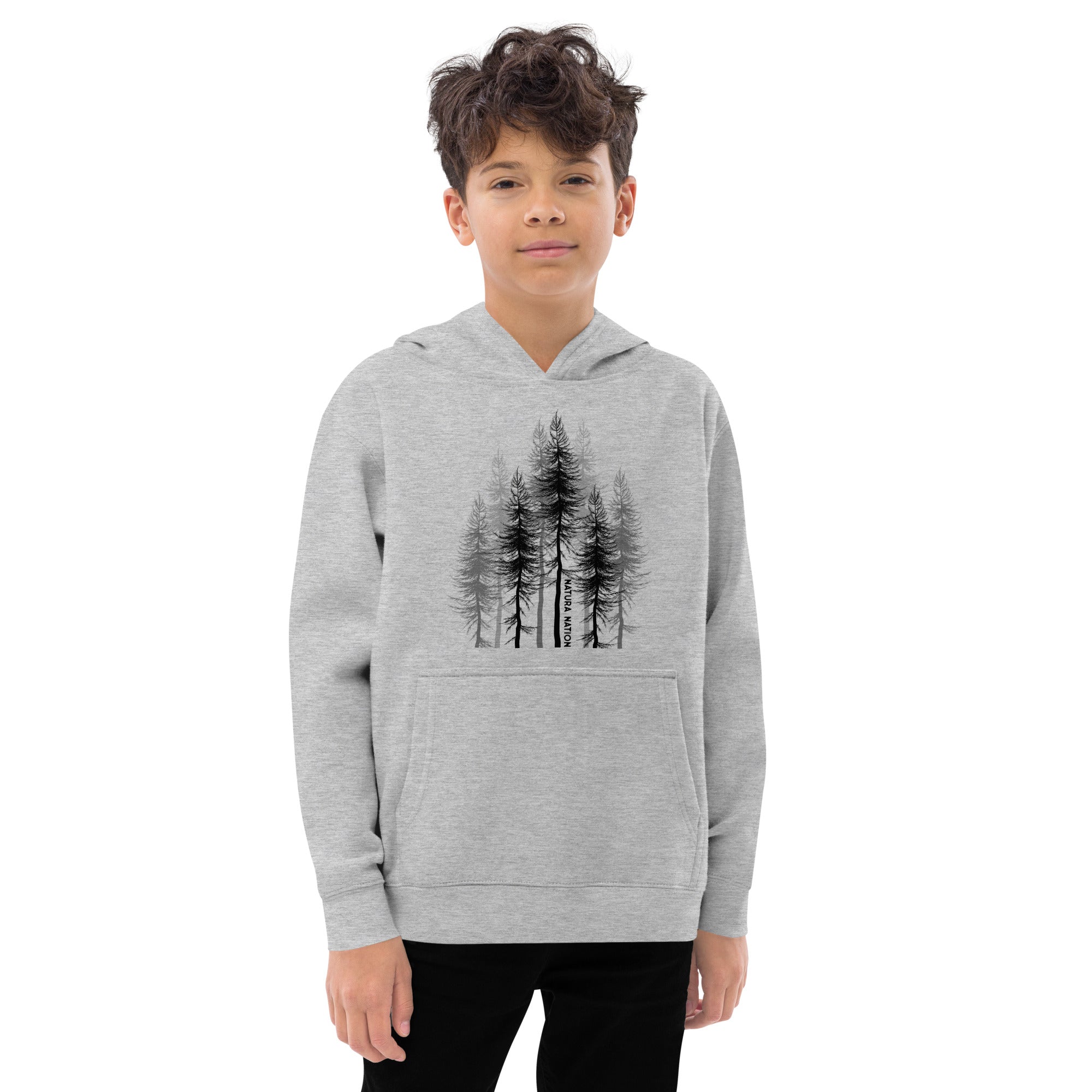 Youth nature hoodie with tall pine trees, soft cozy fleece for cooler days.