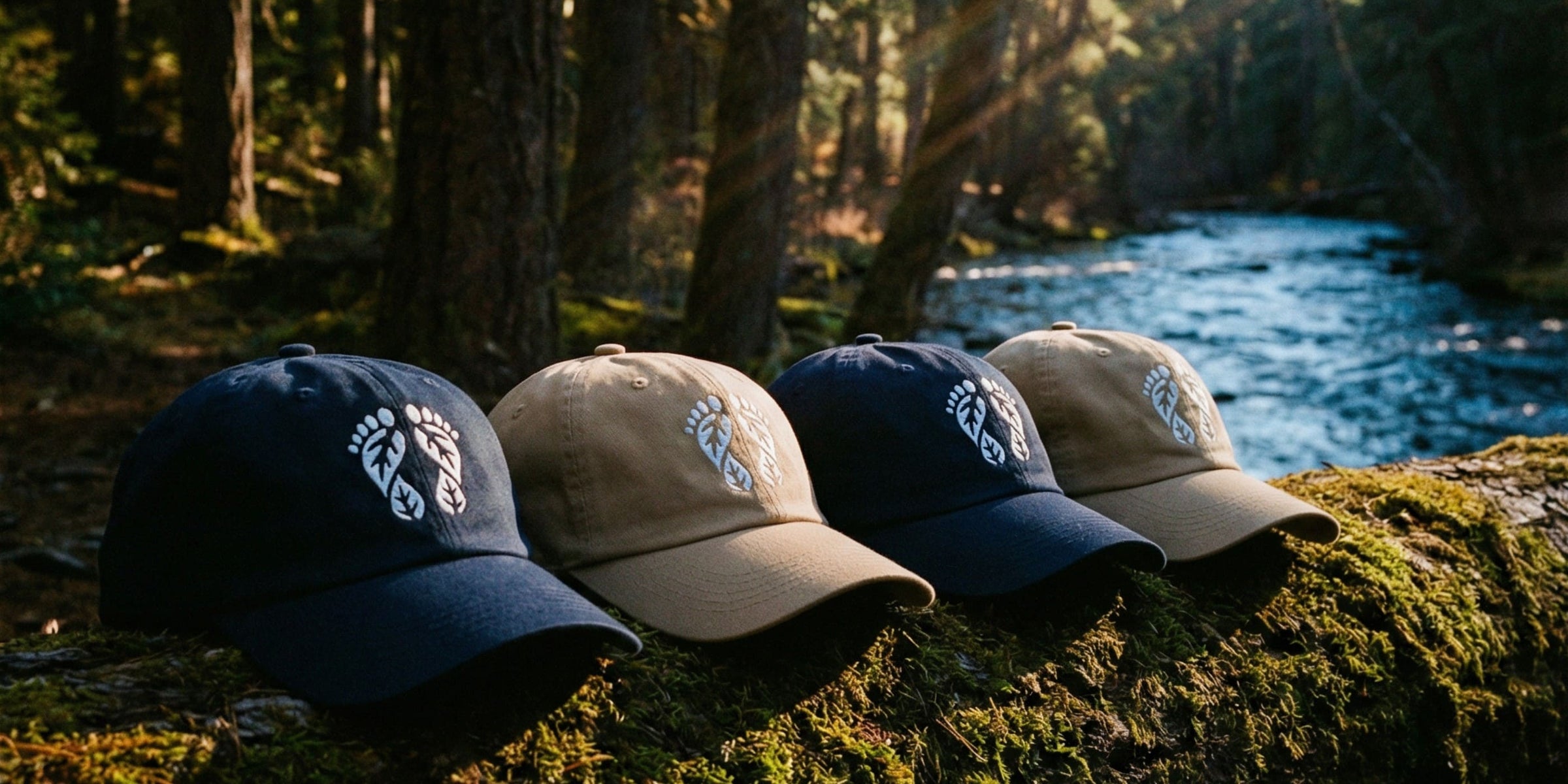 Four hats with the Natura Nation logo on their front, nature baseball caps on a mossy log with a forest and stream background.