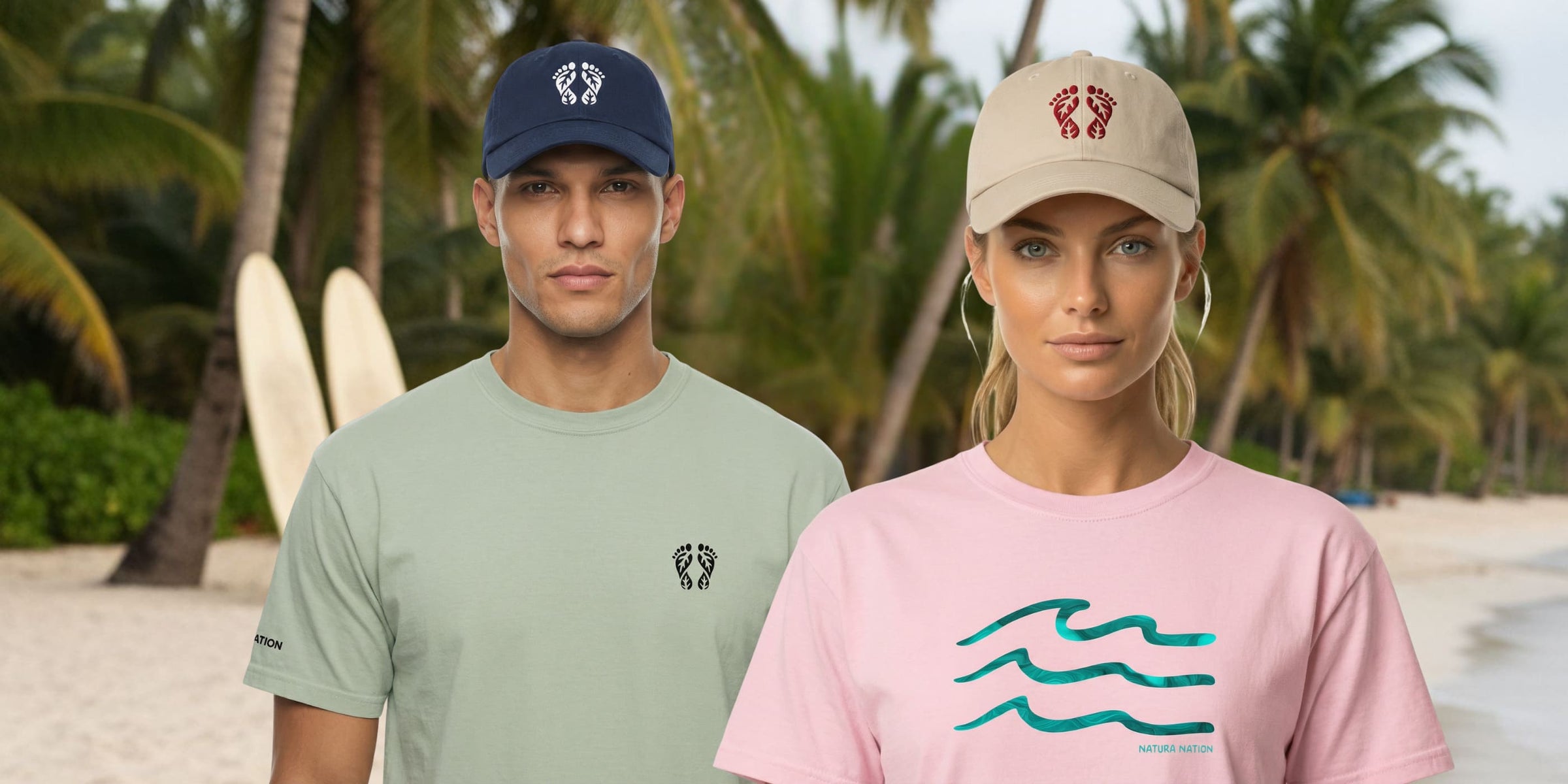 Accessories - Two people standing on a beach wearing Natura Nation branded caps and t-shirts.