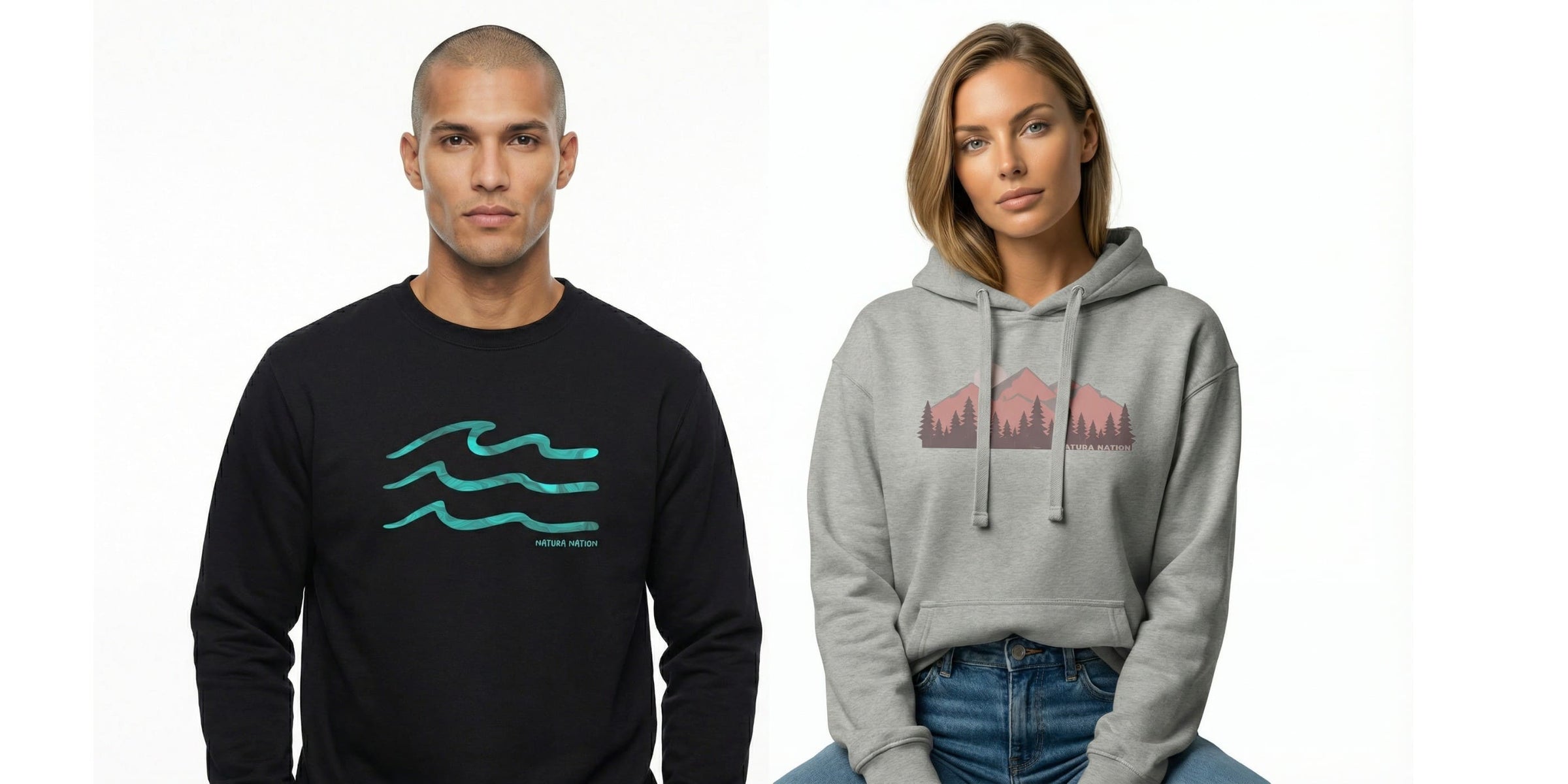 Best-selling nature clothing, hoodies, sweatshirts, and T-shirts that give back by Natura Nation. A man wearing a black hoodie with a green wave graphic and a woman wearing a gray hoodie with a vintage pink and brown mountains graphic on a white background. 