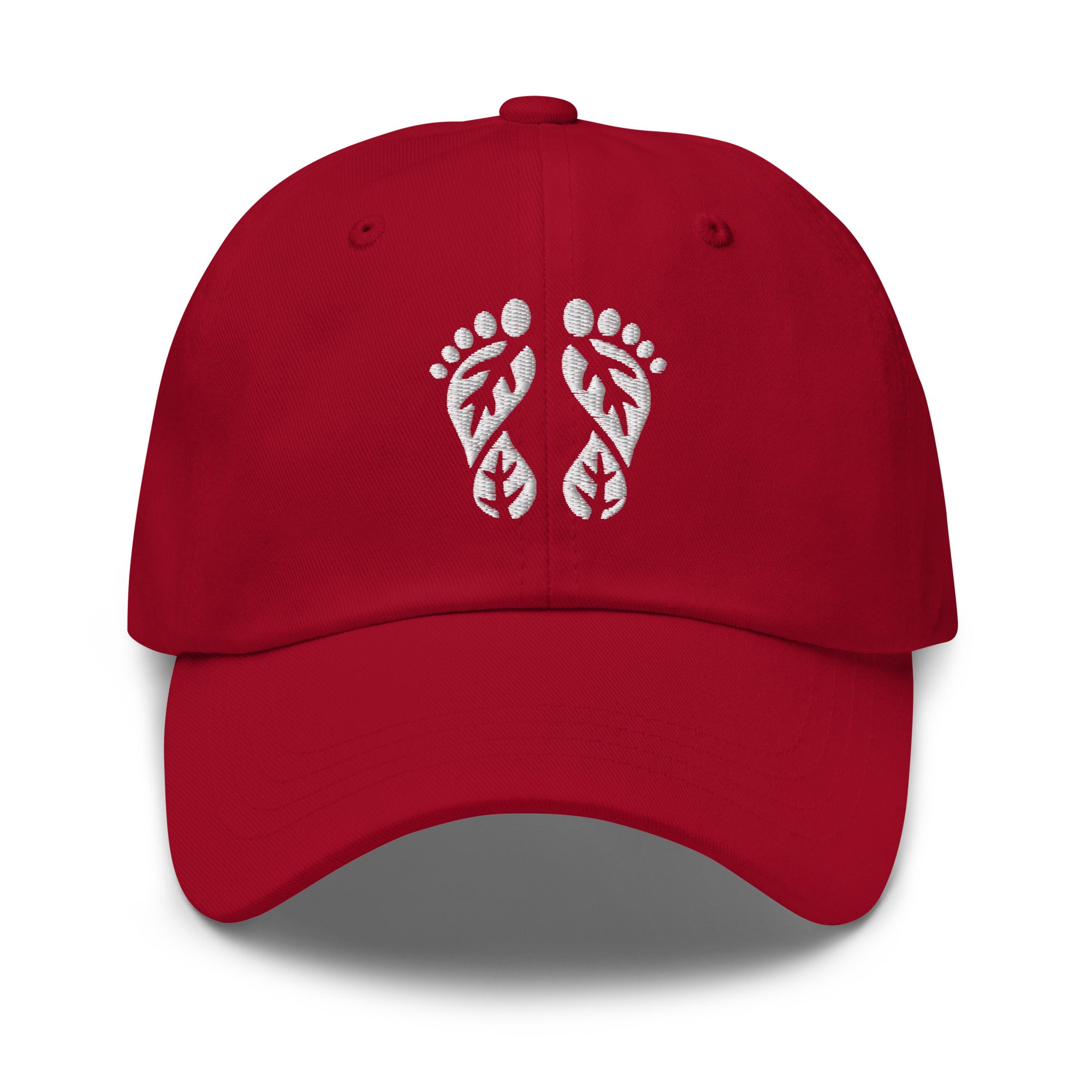 Cranberry Red Nature Hat featuring the 'Natura's Footprints' embroidered logo. A vibrant Nature Dad Hat to stand out in the wild. Essential Nature Clothing.