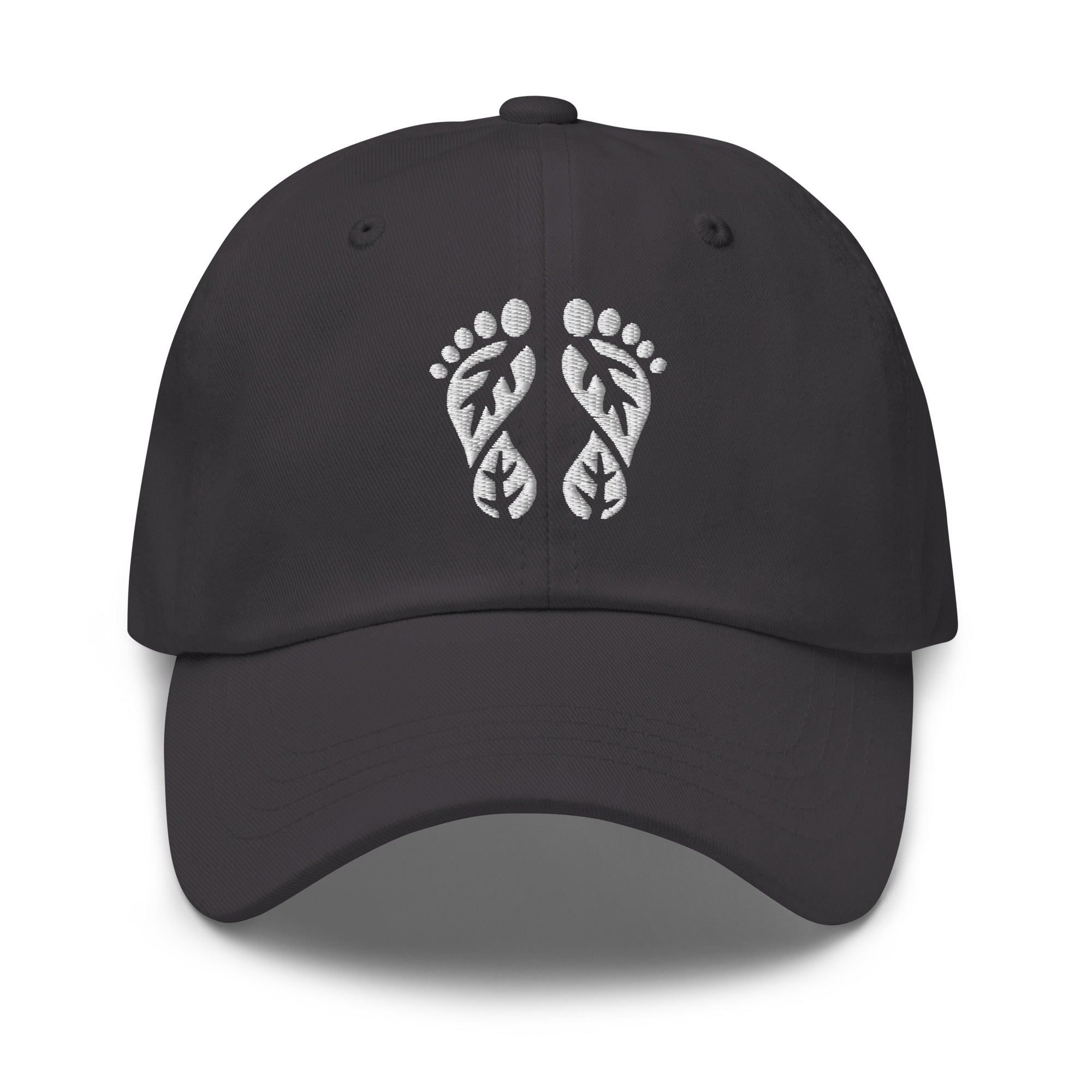 Dark Grey Nature Hat with the 'Natura's Footprints' embroidered logo. A modern Nature Dad Hat for urban and wild exploration. Essential Nature Clothing.
