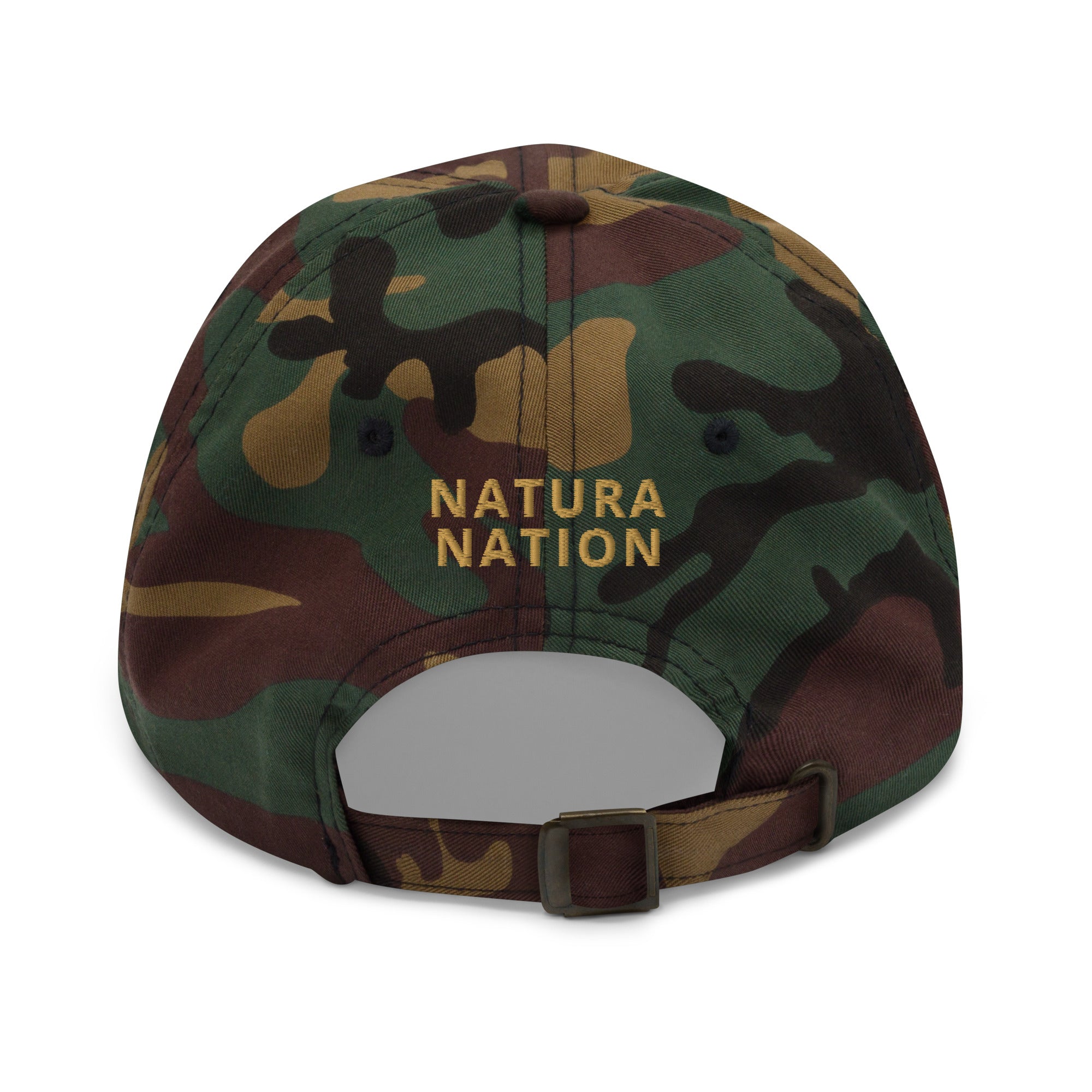 'Natura's Footprints' Green Camo Nature Hat: Your adventurous nature dad hat for serious outdoor exploration. Find it among our durable nature hats and nature clothing.