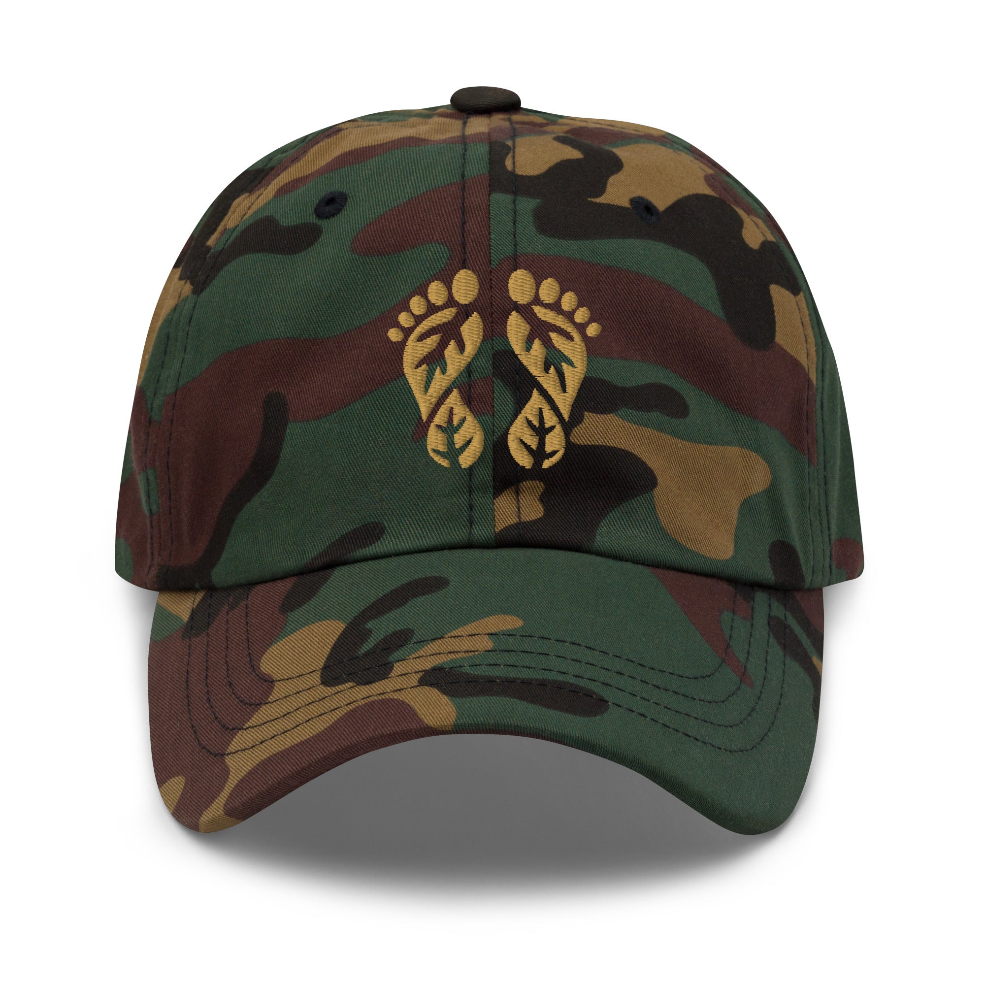 Green Camo Nature Hat with the 'Natura's Footprints' embroidered logo. A rugged Nature Dad Hat perfect for blending into the wilderness. Essential Nature Clothing.