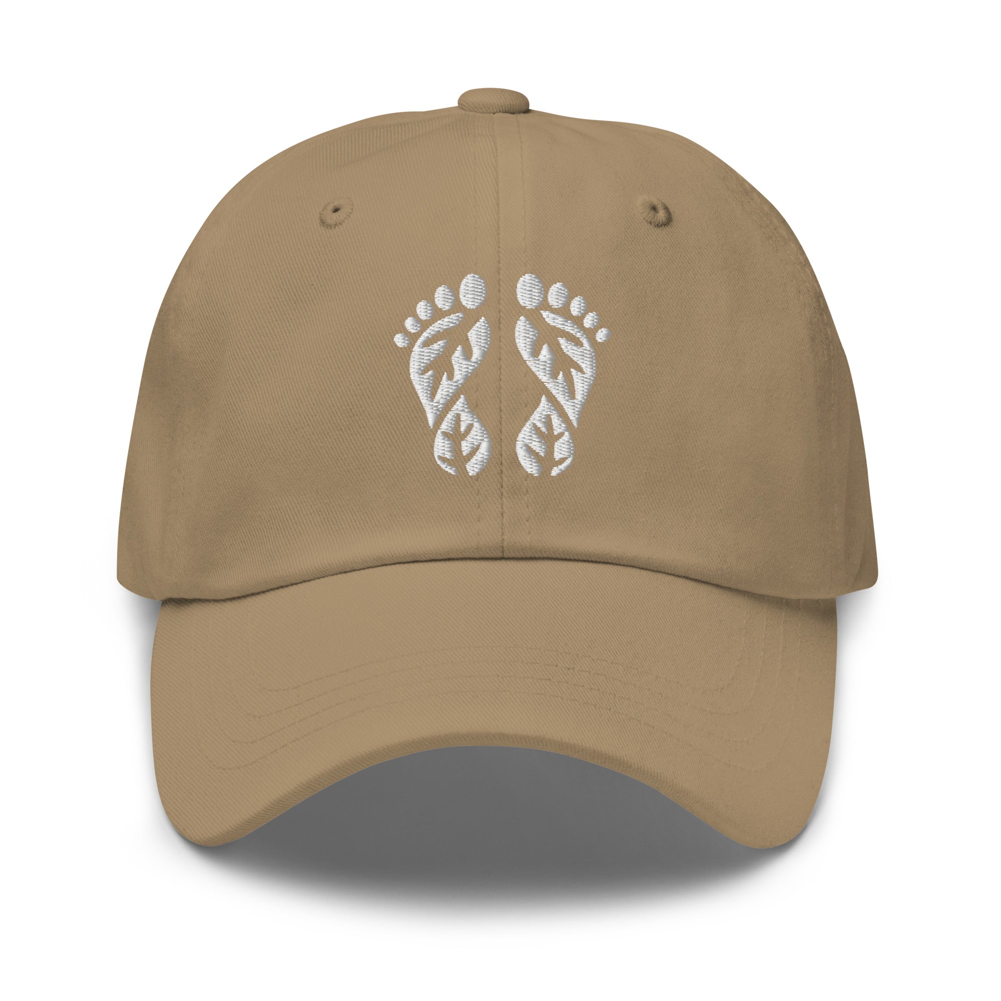 Khaki Nature Hat featuring the 'Natura's Footprints' embroidered logo. A versatile Nature Dad Hat for everyday outdoor style. Essential Nature Clothing.