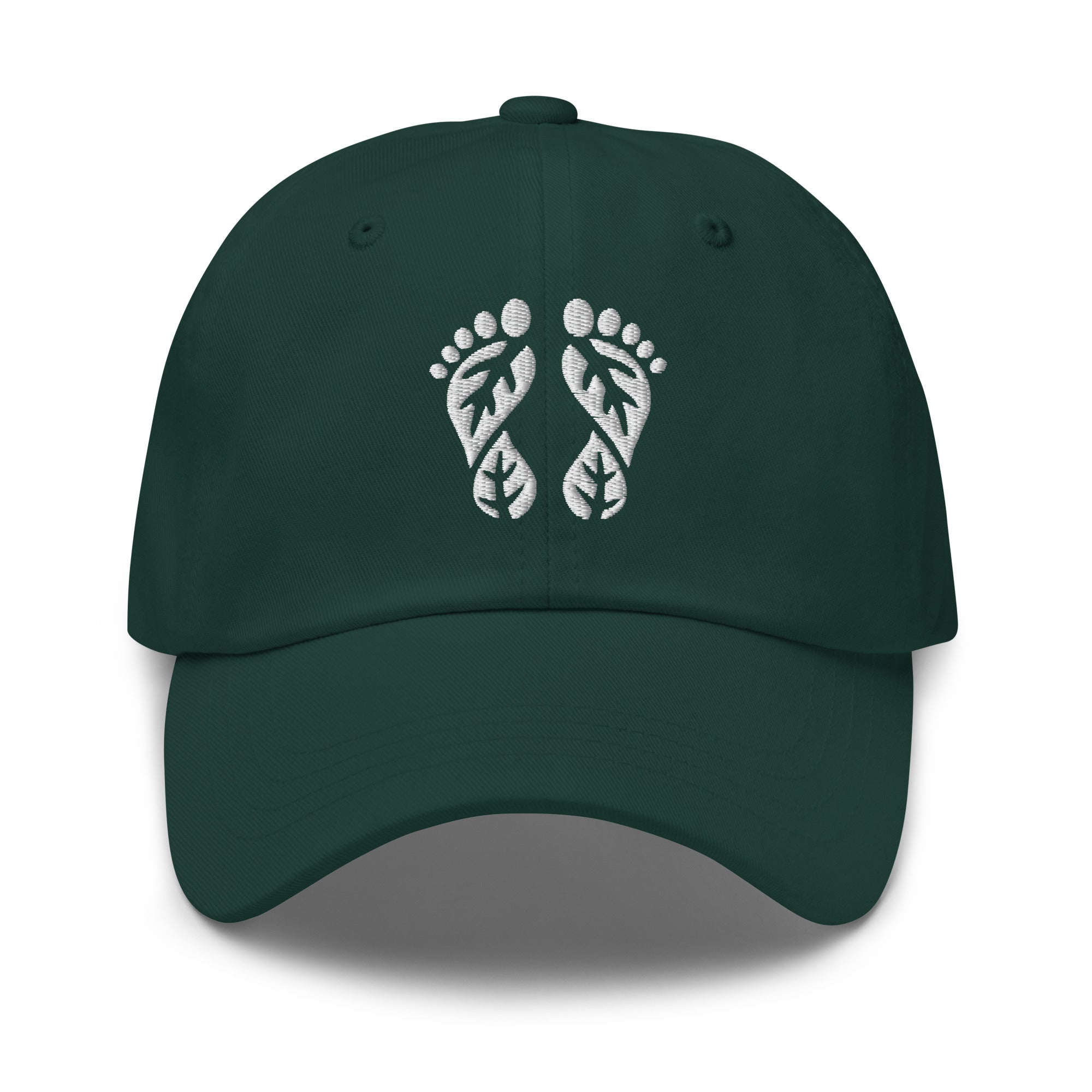 Spruce Green Nature Hat with the 'Natura's Footprints' embroidered logo. An earthy Nature Dad Hat perfect for blending with nature. Essential Nature Clothing.