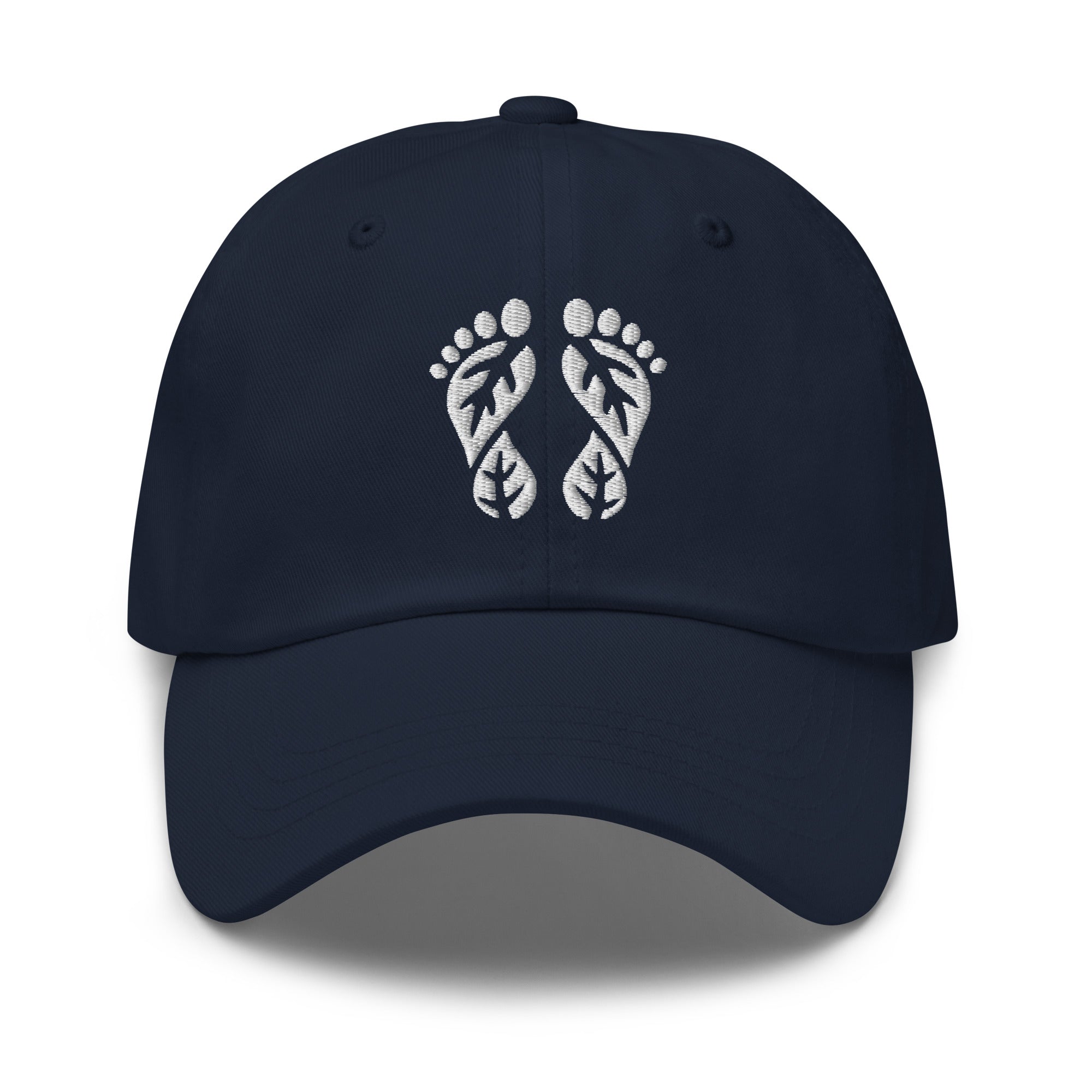 Navy Nature Hat featuring the 'Natura's Footprints' embroidered logo. This classic Nature Dad Hat is essential Nature Clothing.