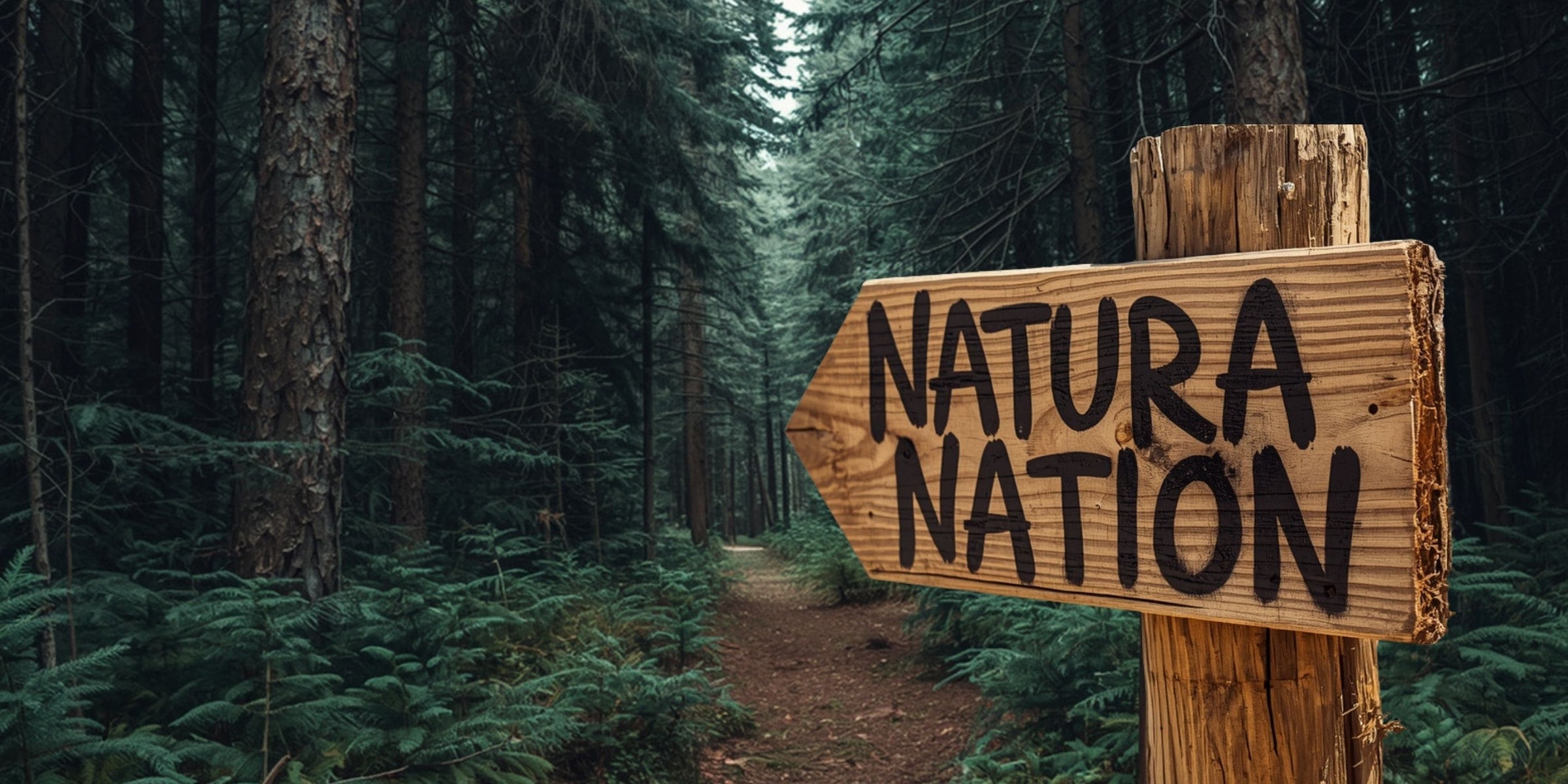 Wooden signpost with 'Natura Nation' in a forest setting