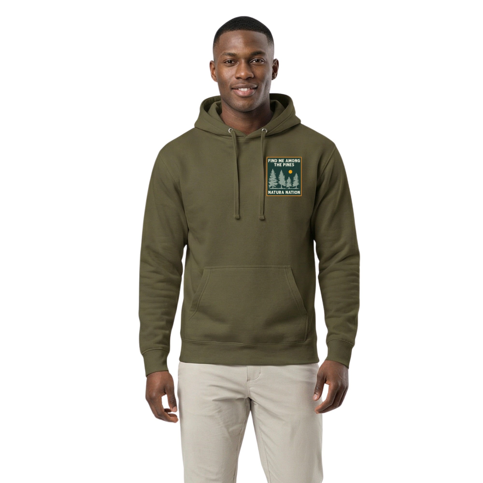 Man wearing Find Me Among The Pines Hoodie – A soft, high-quality military green hoodie designed for nature lovers. This pines hoodie is perfect for outdoor adventures. Made by Natura Nation.