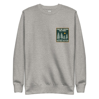 Carbon Grey Tree Sweatshirt featuring the "Find Me Among The Pines" design, a perfect Trees Clothing piece.