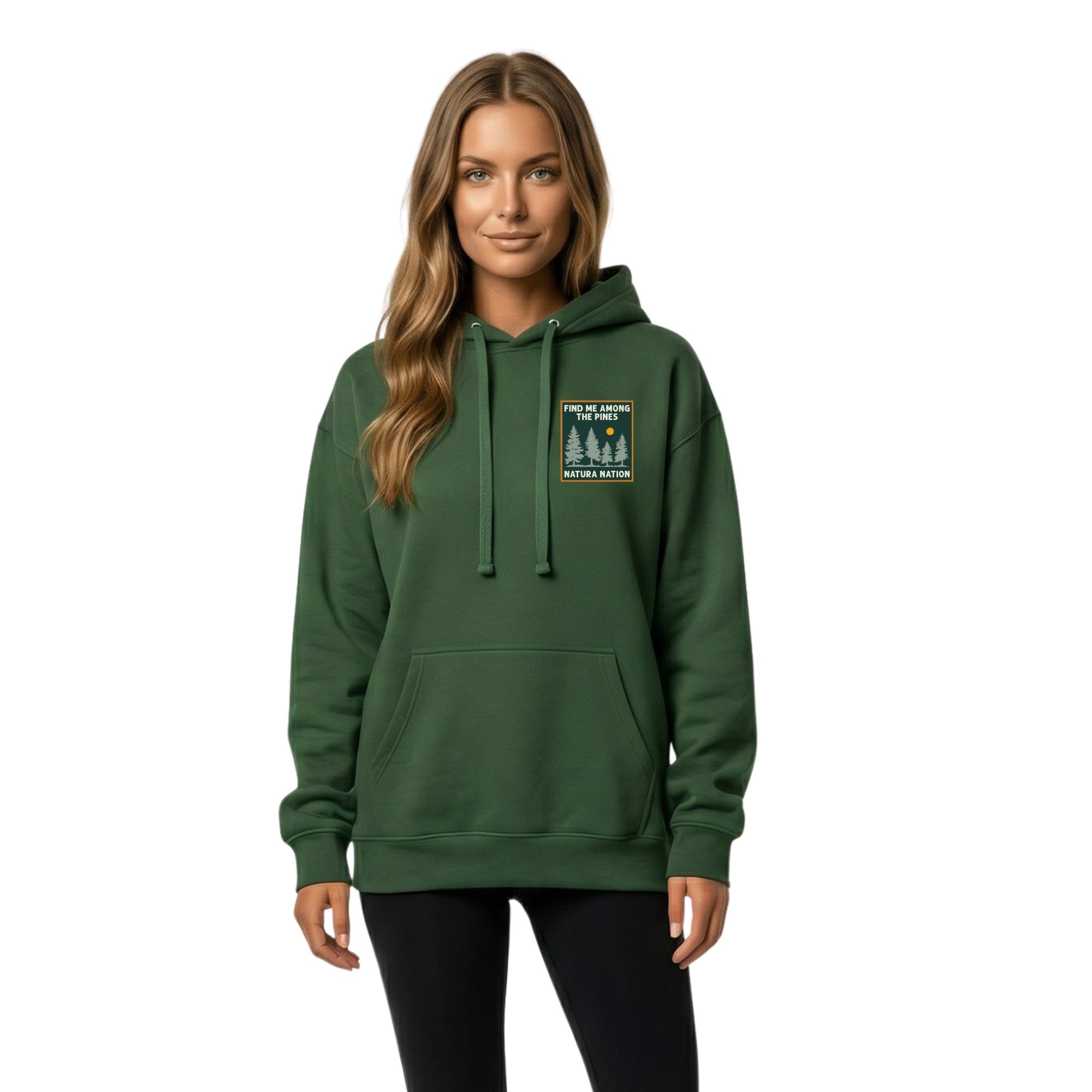 Man wearing a forest green pullover hoodie with the text "Find Me Among The Pines." A cozy, forest green hoodie, blending comfort and adventure. This Pines hoodie is perfect for nature lovers, made by Natura Nation.