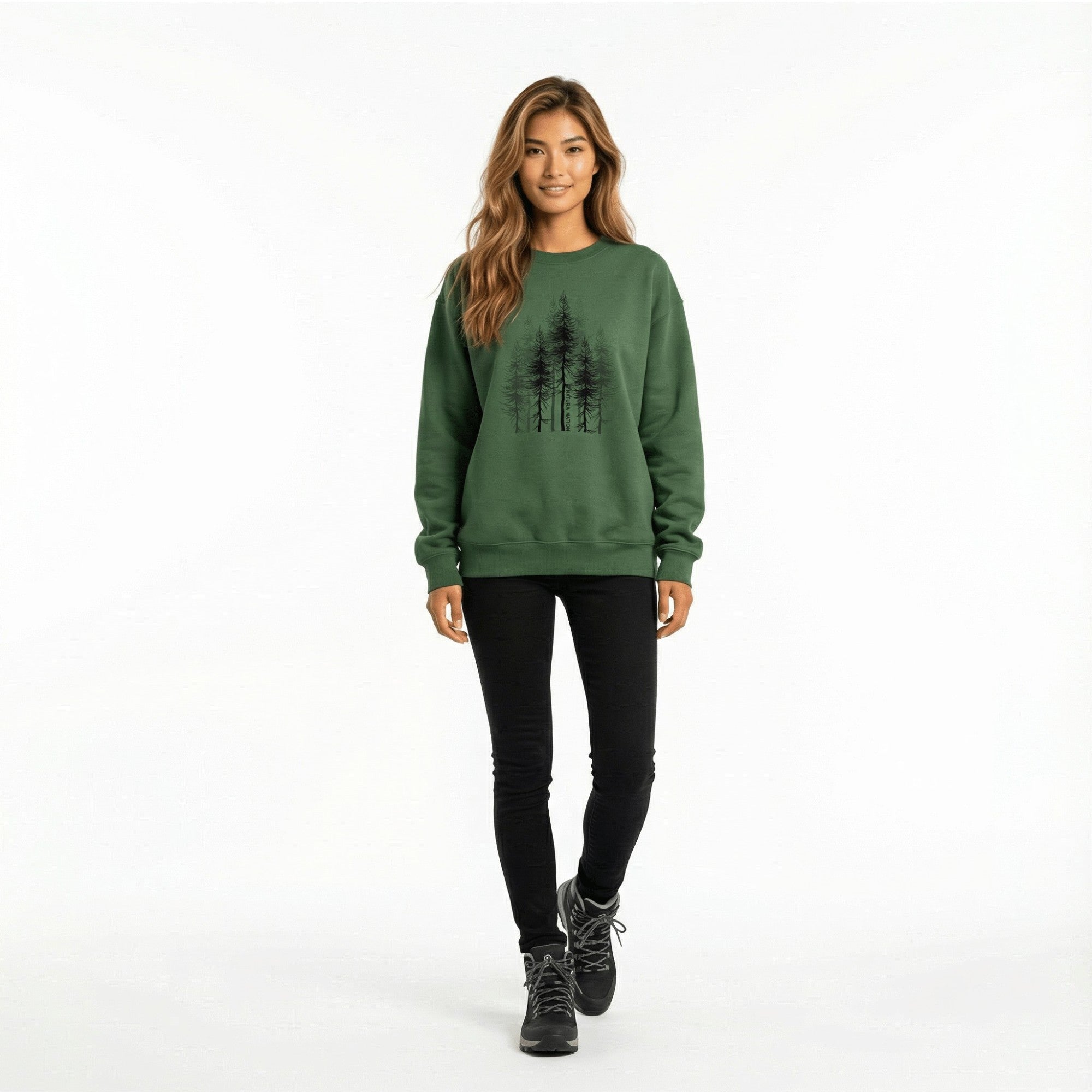Woman wearing a Forest Green Nature Sweatshirt, made from 100% cotton exterior for cozy outdoor adventures, by Natura Nation.