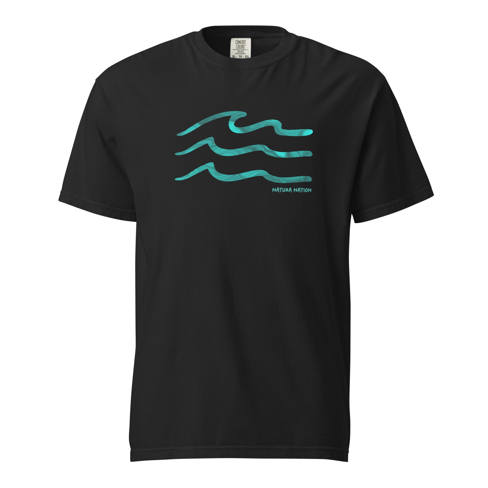 Black Ocean T-Shirt featuring the 'Serenity Waves' design. A sleek Ocean Clothing piece for timeless style.