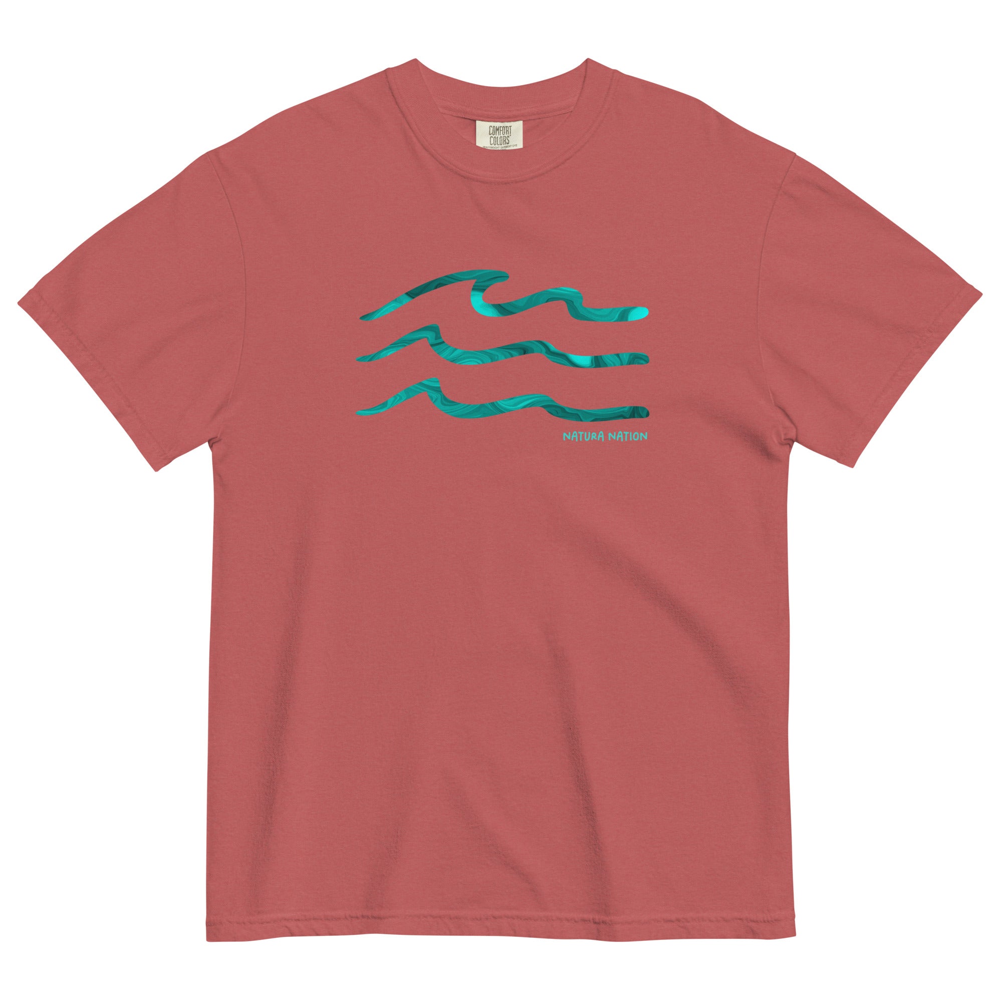 'Serenity Waves' Crimson Nature T-Shirt: Your striking Nature Clothing choice for energetic coastal style.