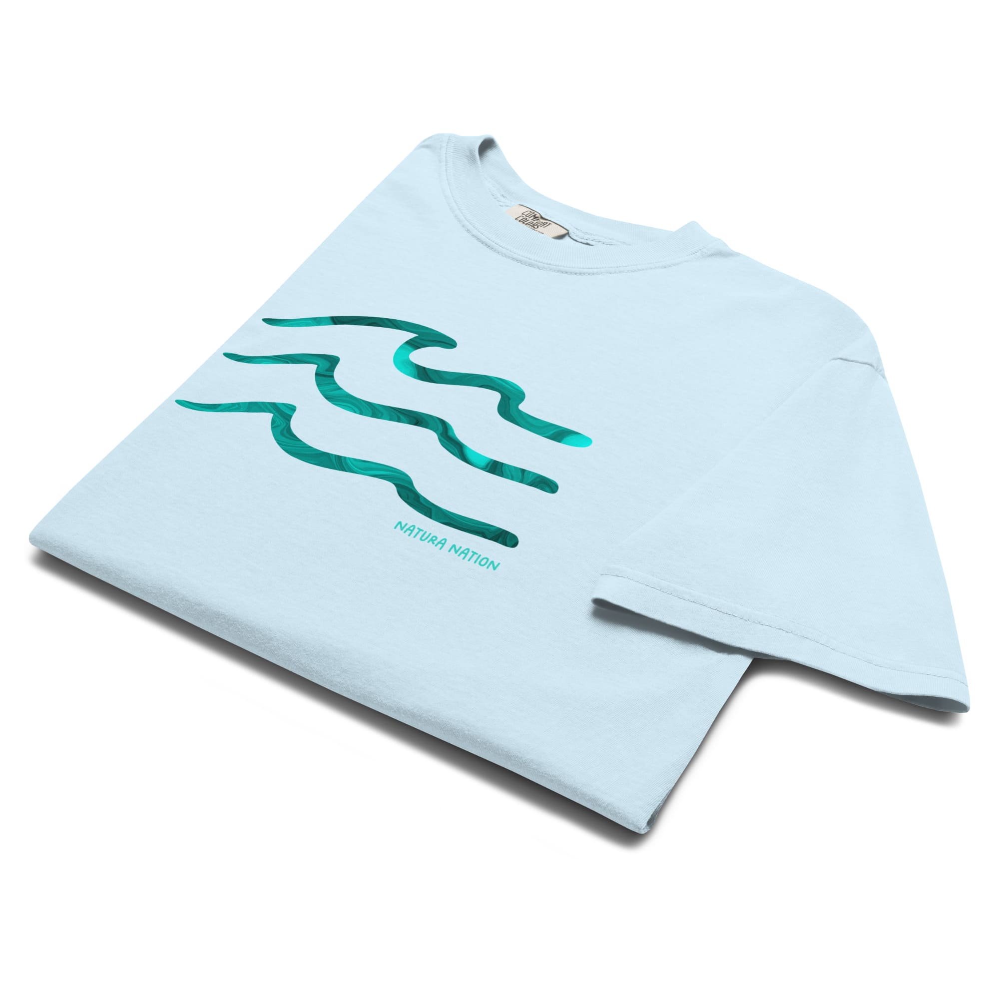 'Serenity Waves' design on a chambray-colored nature t-shirt: your soft nature clothing choice for comfortable, relaxed seaside moments. Made by Natura Nation for Ocean and Nature lovers.