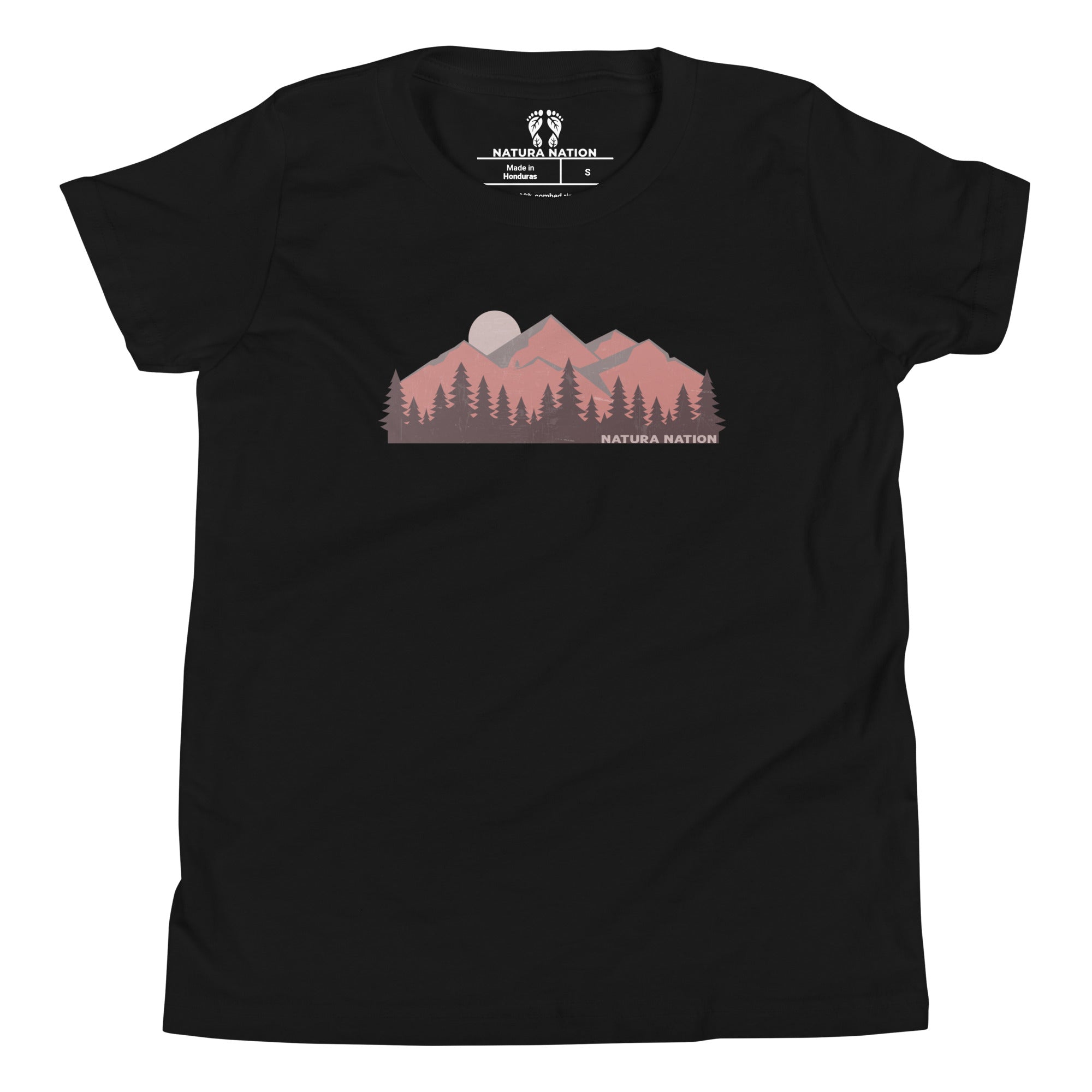 Graphic t-shirt for teens with a mountain peaks design. A black short-sleeve crewneck t-shirt featuring a stylized graphic of a mountain range, pine trees, and a moon on the chest, with the text 'NATURA NATION' printed below the graphic.