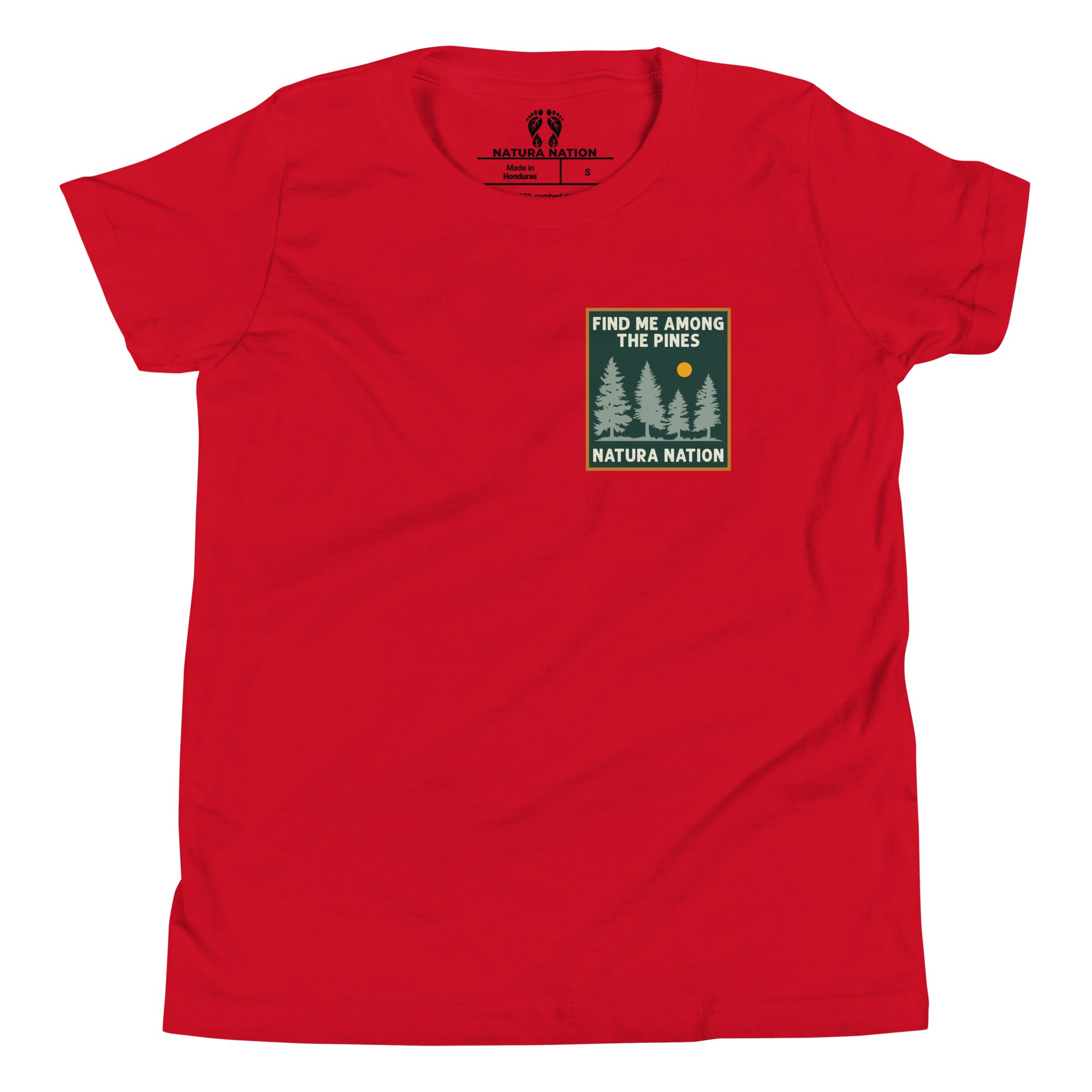 Youth graphic tee featuring tall pine trees.