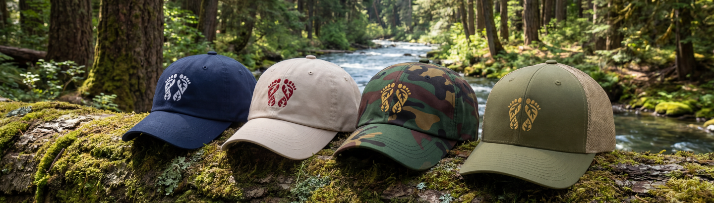 Four Natura Nation logo hats displayed on a log in the forest – Hats Collection.