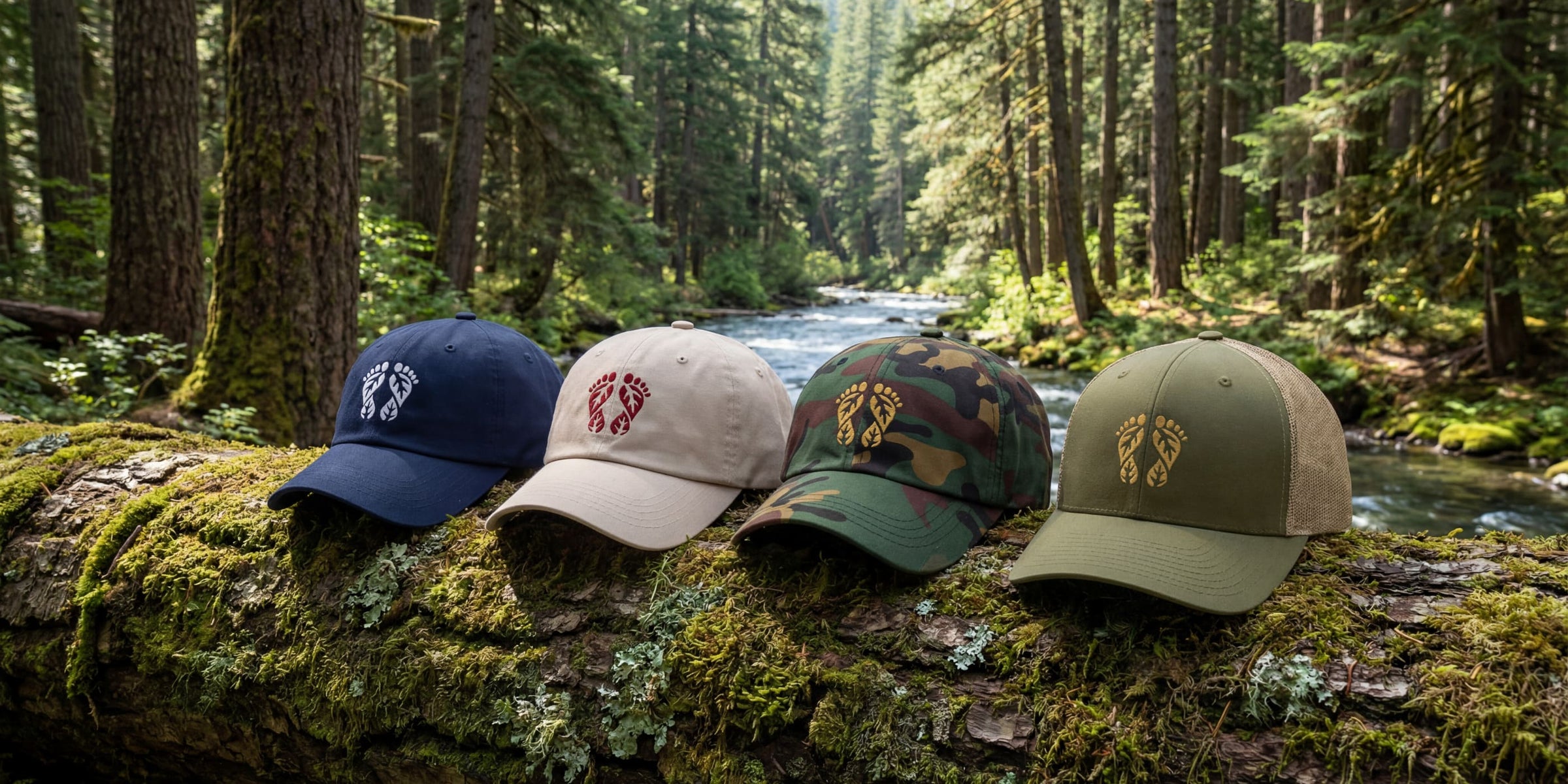 Hats - Four nature hats: baseball caps, dad hats, and trucker hats with Natura Nation logo designs on a mossy log in a forest setting.