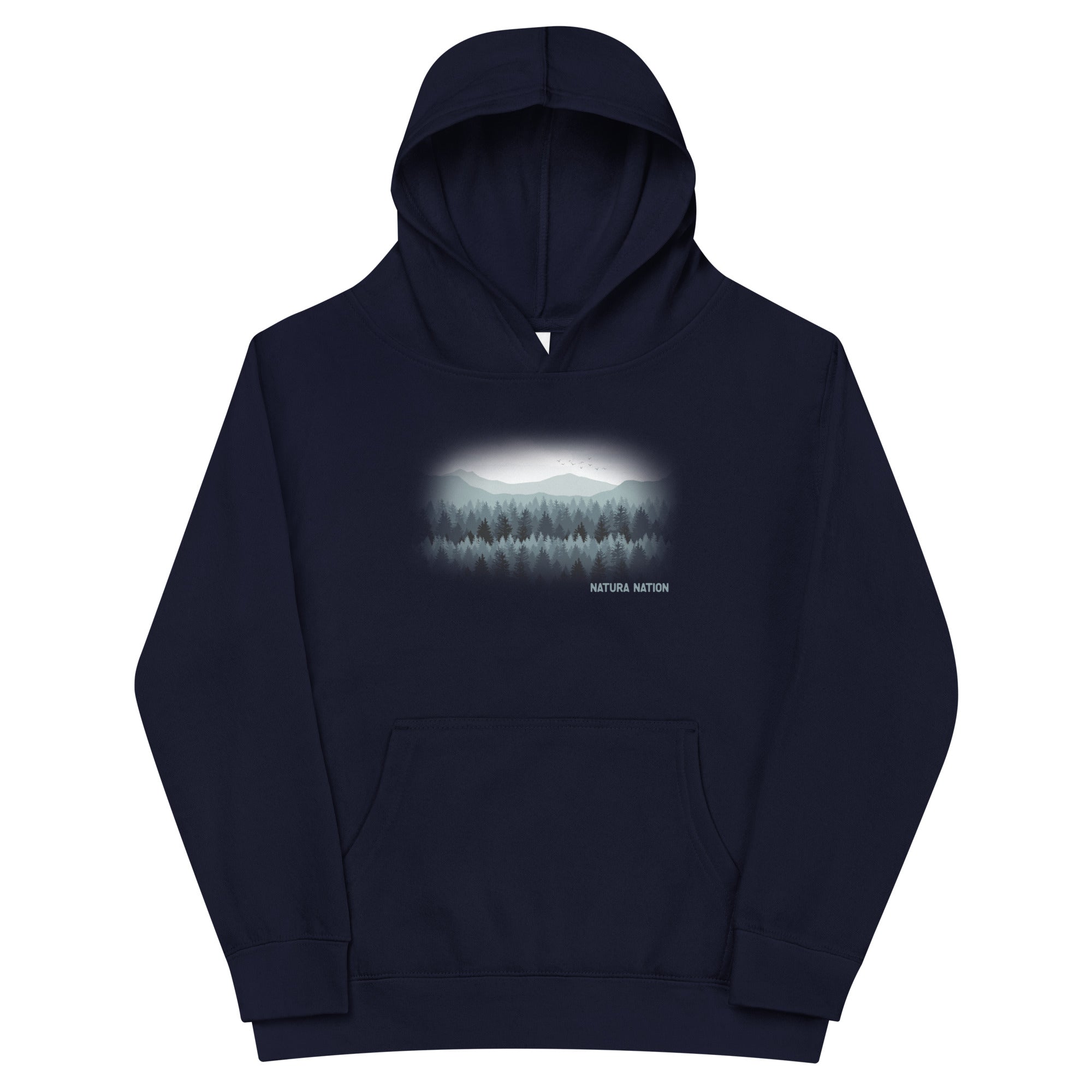 Youth nature hoodie with pine trees and mountain peaks on the front for kids who love the outdoors.
