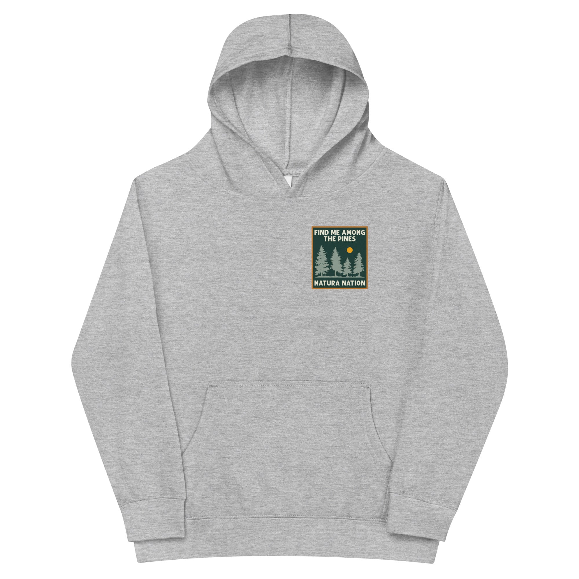 Youth pine hoodie with a tall pine tree design on the front for kids who love the forest.