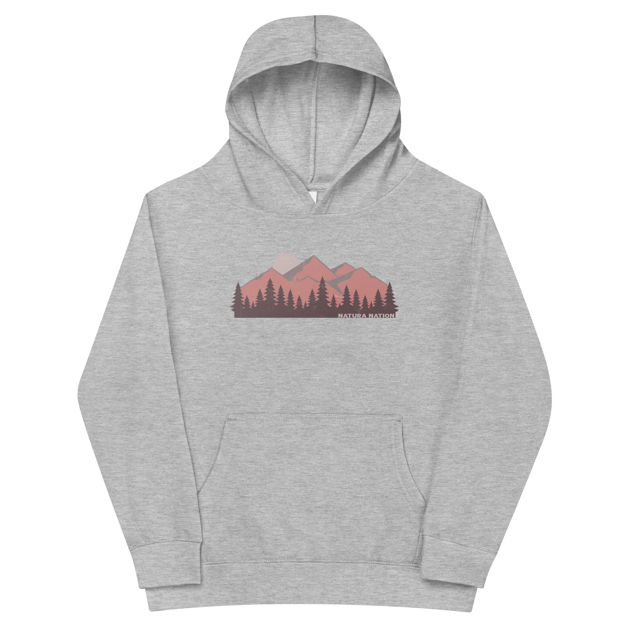 Youth mountain hoodie with a summit silhouette and pine treeline design for kids who love the outdoors.
