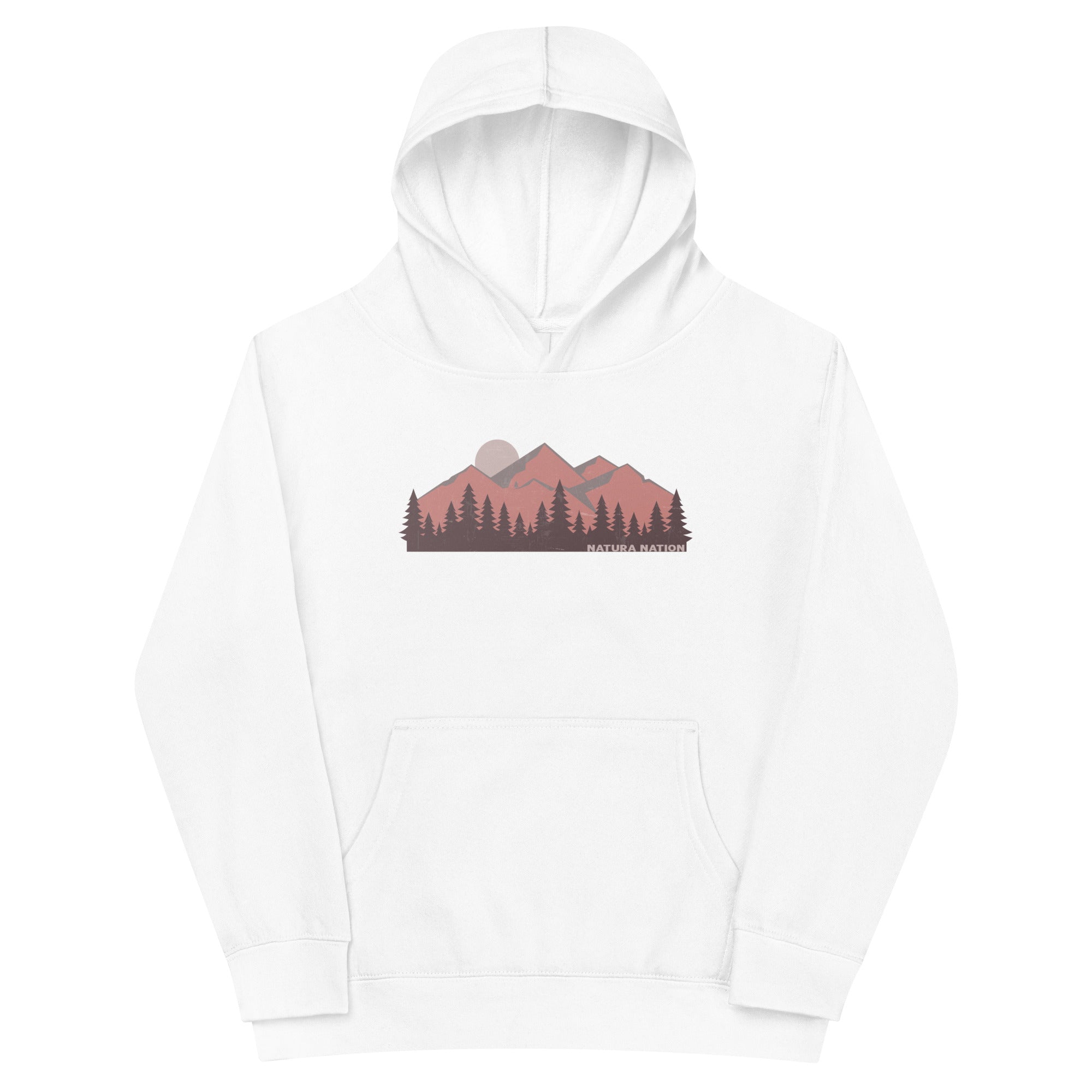 Youth nature hoodie with mountain silhouettes and a treeline print for kids who climb higher.