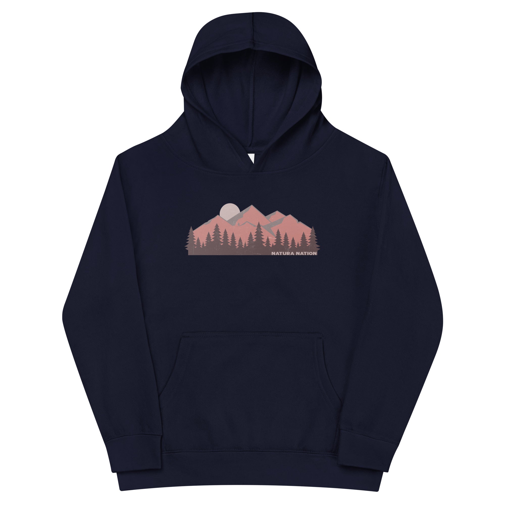 Kids pullover mountain hoodie with a peak and pine design, front view for young explorers.